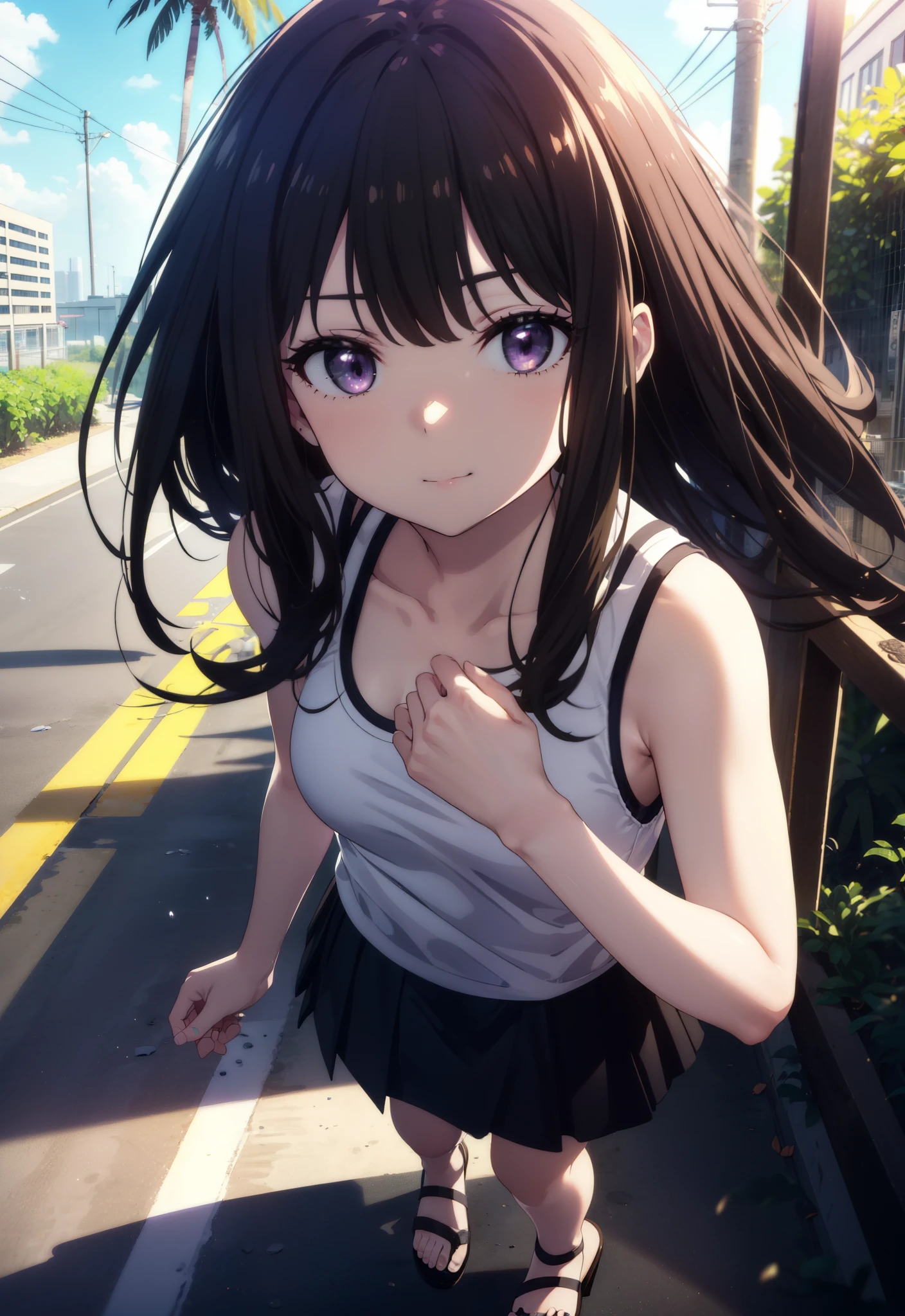 Takiuchikami, Check it out, Long Hair, bangs, Black Hair, (Purple eyes:1.2),happy smile, smile, Close your mouth,Sweat,White Tank Top,mini skirt, Cute Sandals,Walking,Daytime,Clear skies,whole bodyがイラストに入るように,
break outdoors, countryside,
break looking at viewer, whole body,
break (masterpiece:1.2), Highest quality, High resolution, unity 8k wallpaper, (figure:0.8), (Beautiful attention to detail:1.6), Highly detailed face, Perfect lighting, Highly detailed CG, (Perfect hands, Perfect Anatomy),