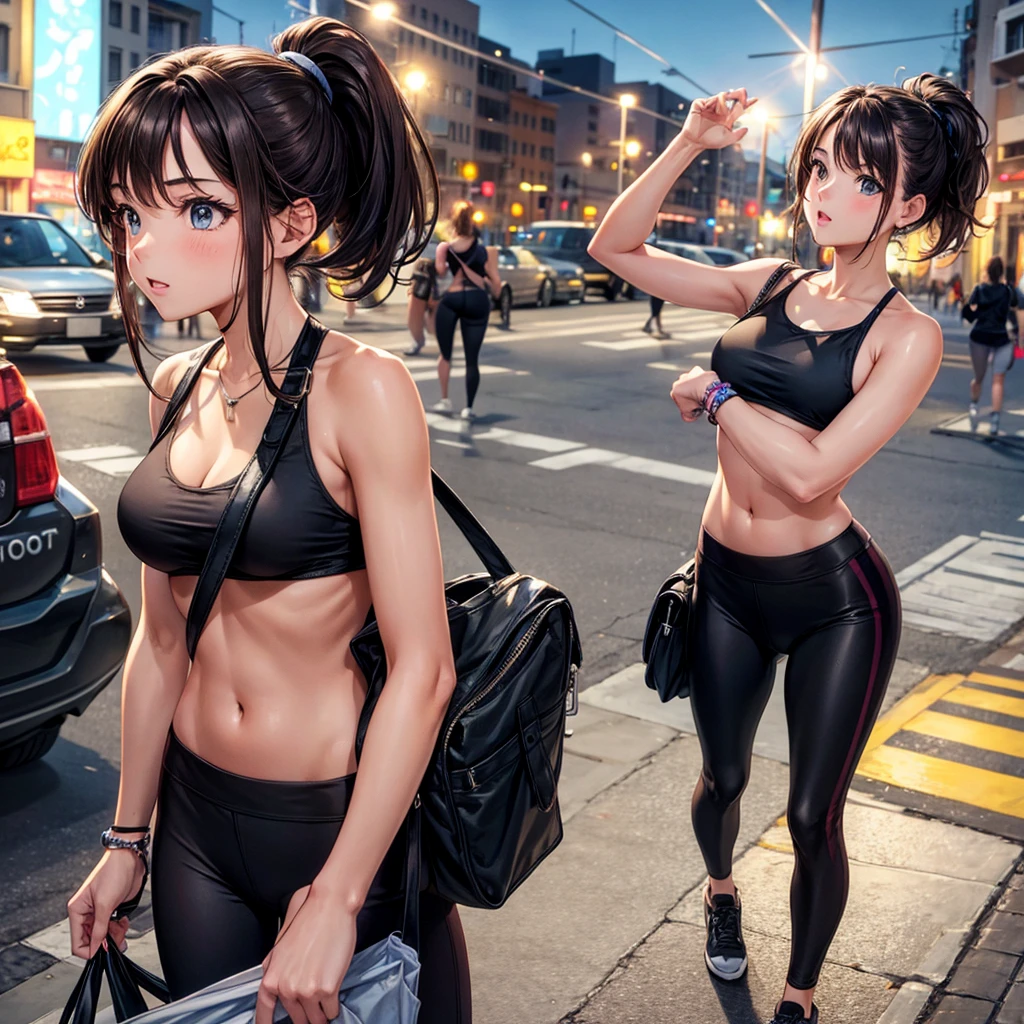 Young brunette, hair in a ponytail, yoga pants and halter top, carrrying a small purse, on a city street under a bright street light