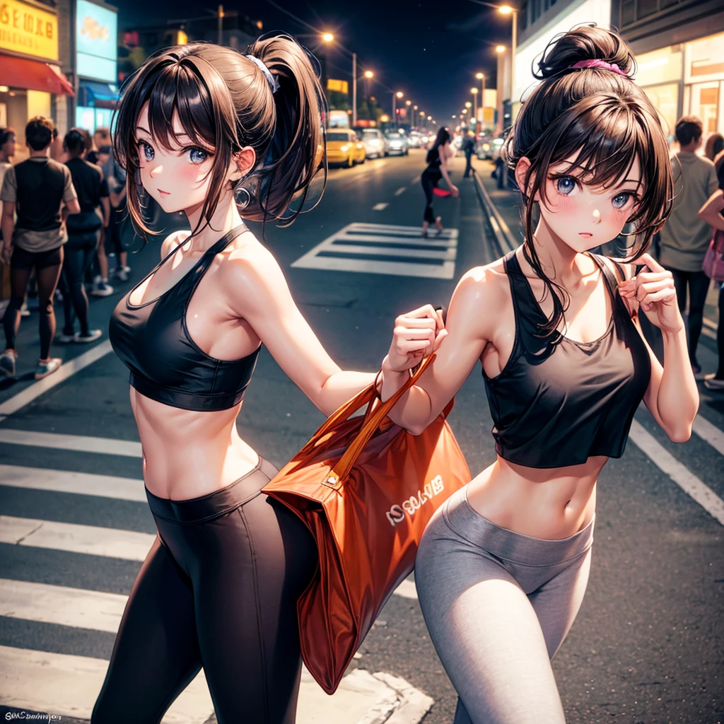 Young brunette, hair in a ponytail, yoga pants and halter top, carrrying a small purse, on a city street under a bright street light