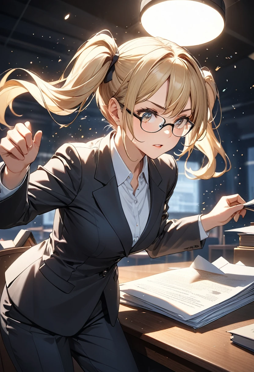 Highest quality, Highest quality, 16K, Unbelievably absurd, Very detailed, delicate and dynamic, Detailed facial depiction, , Particles reflect light, Diffuse reflection of light, Vortex of Light, Files on the desk, Spotlight, trial所, trial, Defense, Glassesが光を反射する, Create amazing image effects, Close-up, (sole sexy lady, big firm bouncing busts, long wavy blonde hair, Twin tails, lawyer, Powerful, Chic black suit, White blouse, pants suit, High heels, Glasses, Serious, Self, enthusiasm, Spiel, Stand up and read the document, Glassesを手で押し上げる,)