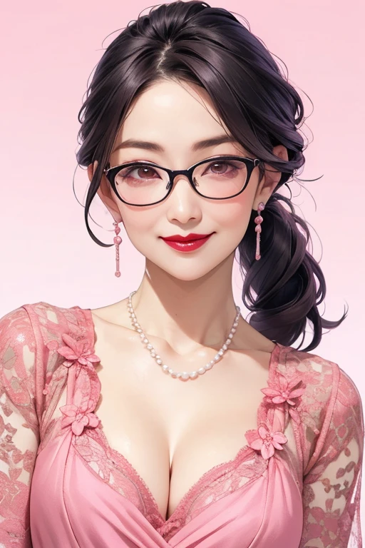 Beautiful mature Japanese woman aged 55, One woman, Married women, Long eyelashes, Low Ponytail, Hair fluttering, Red lipstick, Pink Cheeks, Pearl Necklace, Earrings, Dark eyeshadow, wear glasses, Cleavage, Satin lace dress, Beautiful body, Beautiful smile, Pink Background, Focus on the whole body