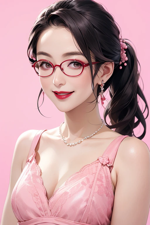 Beautiful mature Japanese woman aged 55, One woman, Married women, Long eyelashes, Low Ponytail, Hair fluttering, Red lipstick, Pink Cheeks, Pearl Necklace, Earrings, Dark eyeshadow, wear glasses, Cleavage, Satin lace dress, Beautiful body, Beautiful smile, Pink Background, Focus on the whole body