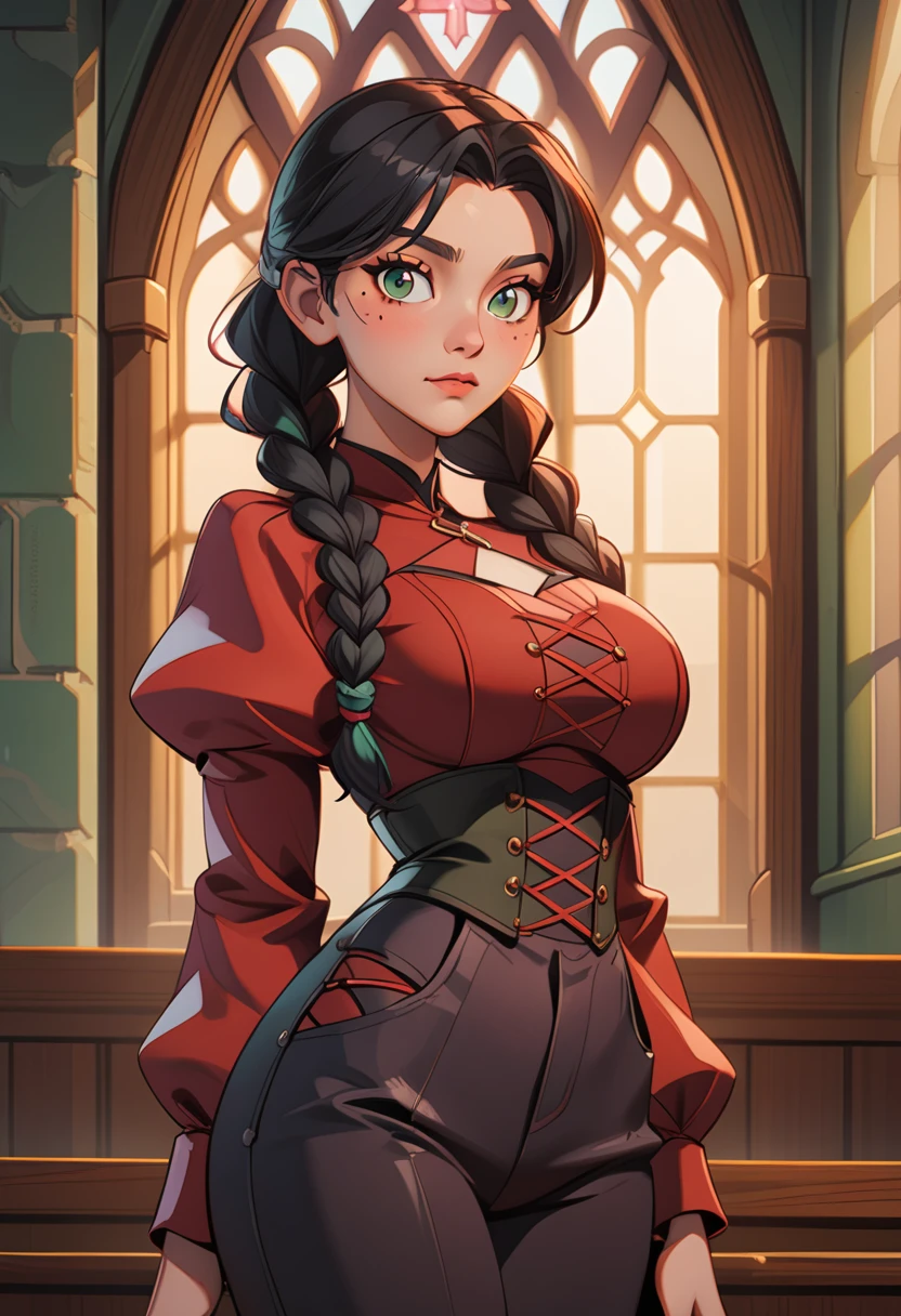 th3t4styl3, 1girl, solo, braid, black hair, standing, cowboy shot, long sleeves, breasts, green eyes, looking at viewer, twin braids, long hair, corset, puffy sleeves, pants, closed mouth, juliet sleeves, black pants, hair over shoulder, red shirt, shirt, indoors, cross-laced clothes, mole, mole under eye, large breasts, jewelry, necklace, sunlight, church, parted bangs, medium breasts, puffy long sleeves, window