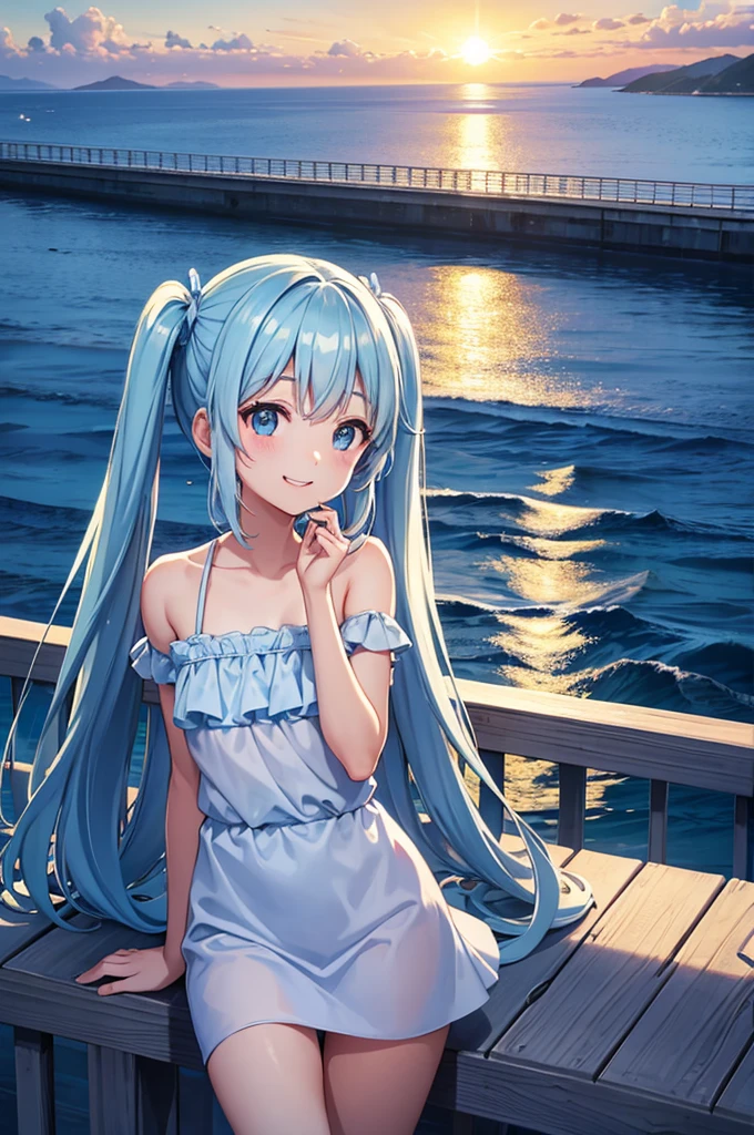 Light blue long hair、Beautiful girl with twin tails、Bright smile、From a long bridge overlooking the sea、Looking out to sea with the sun setting over the ocean in the background、