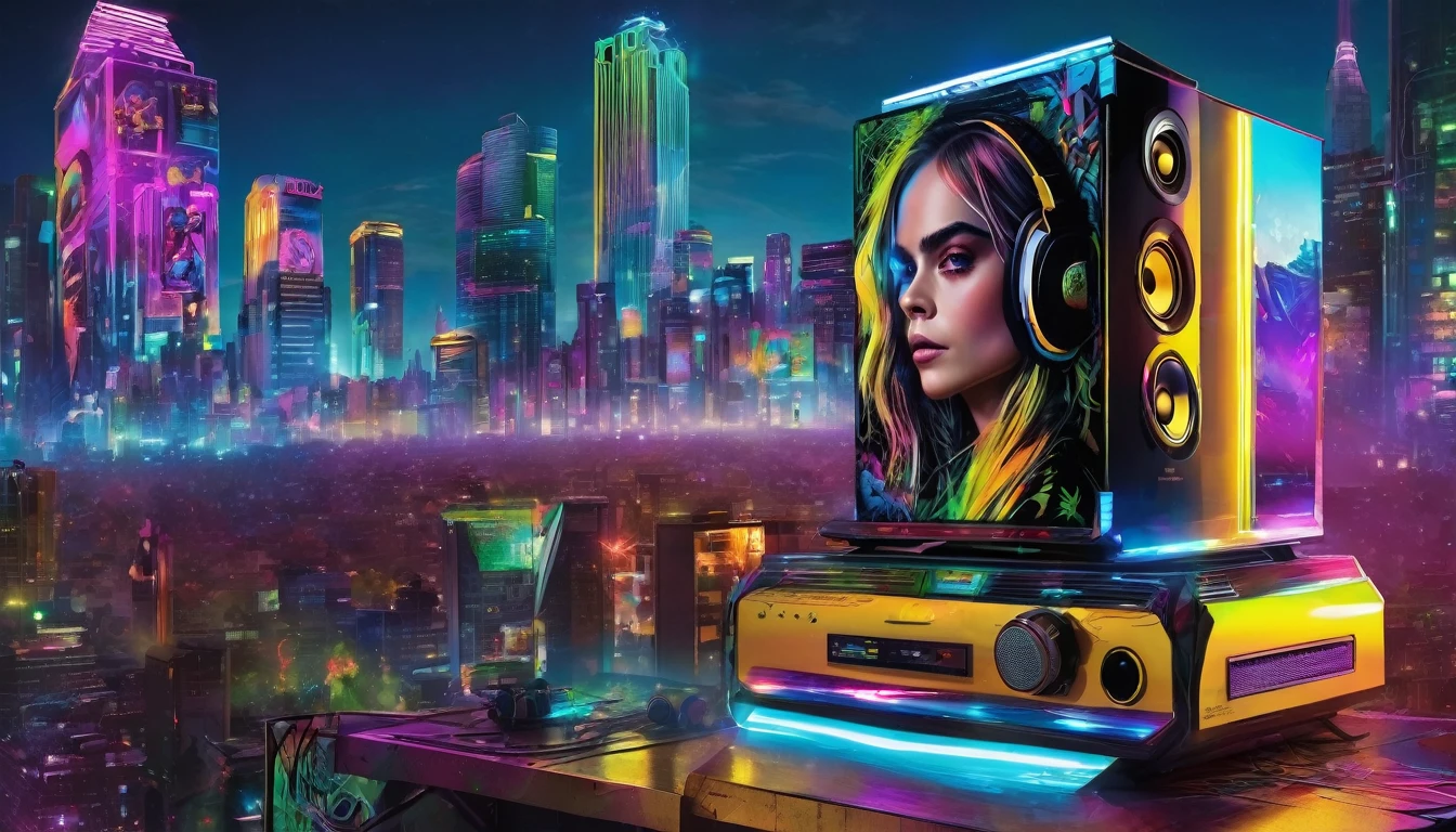 cara delevingne really suprised, jaw drop, gorgeous cara delevingne, as a dub knight,Neon-drenched cityscape, sprawling urban jungle, futuristic high-rise speaker like towers with glowing billboards, majestic, pulsating radio studio suspended in mid-air, holographic soundwaves rippling through the air, deep rhythmic dub and reggae beats echoing through the streets, urban graffiti blending with digital art installations, warm golden lighting contrasts with cool blue neon, sleek chrome DJ booth with holographic controls, floating translucent speakers emitting vibrant sound bursts, street-level crowd swaying to the music, futuristic fashion and accessories. reggae vibes, dubstep, bass culture