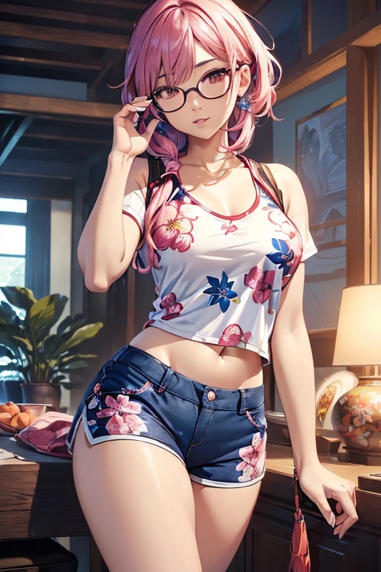 ultra-detailed realistic, 1 girl, standing alone, long pink hair, eye white, of large glasses, bangs over eyes, ponytail hair style, hair pulling back, whole body, Ultra realistic delicate face with depths of detail, Kitchen background, Shorts with open zipper showing gorgeous pubic hair, chemise, tool belt, insane details, ultra-realistic image, perfect symmetry, vibrant and clear, dynamic view, high level of detail and definition, 1200 PPI - Photographic resolution with greater color realism, hyperrealisti, high fidelity,  cinematic, 8K UHD image resolution.