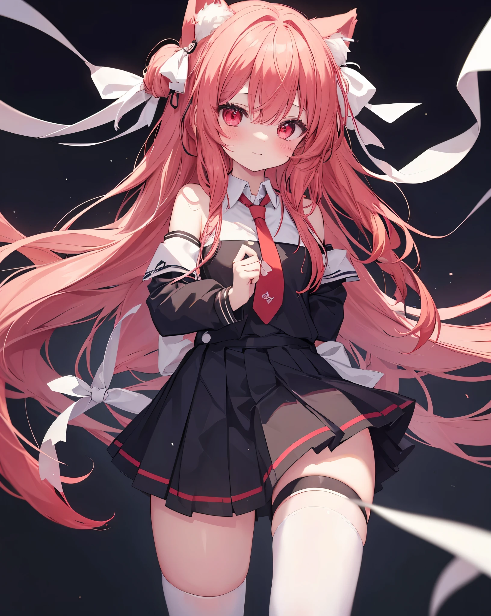 High quality, kotori_itsuka,1girl, solo, neko_ears, untied_necktie, ((White ribbons to tie hairs)), black background, bare shoulders , long red hair, vibrant red eyes.
(school uniform,pantyhouse:1.2), zoomed portrait, she's blushing But happy, she love me