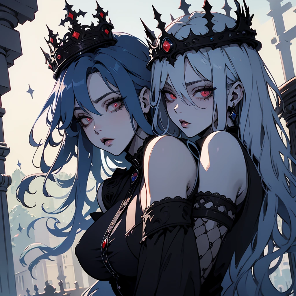 masterpiece), Best quality, expressive eyes, perfect face, long blue hair, hair between eyes, huge breasts, black sclera, blue skin, Red eyes, obsidian crown with diamonds, ice dress, Blue dress, Ice queen, 1 girl, One