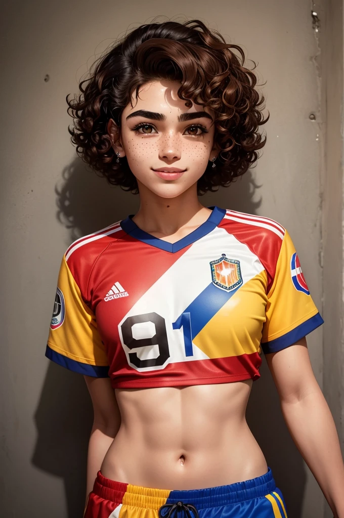 19 year old man , Brown eyes , short curly hair, thick eyebrows , she has freckles on her face , wear the shirt of the Venezuelan soccer team of 2024 , smile