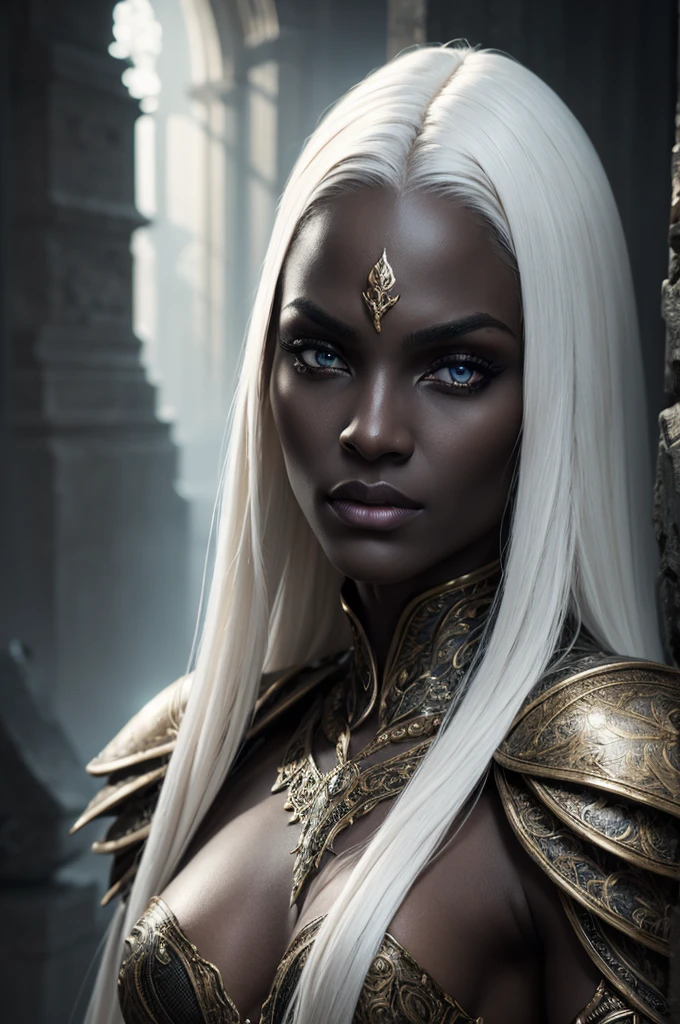 a beautiful dark elf woman, drow, with dark gray skin and long white hair, detailed and intricate facial features, Porcelain Skin, impressive eyes, fleshy lips, slender figure, Ranger clothing, dramatic lighting, fantasy dramatic scene, dark and moody atmosphere, detailed textures, highy detailed, 8k, cinematic, award-winning works of art, digitalpainting, conceptual artwork, photorrealistic