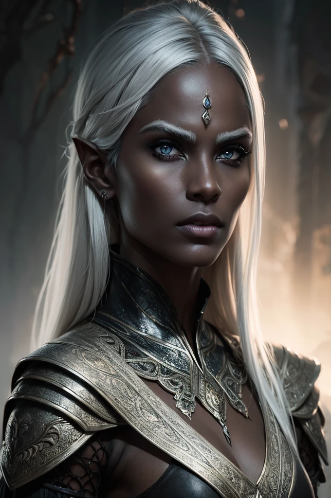 a beautiful dark elf woman, drow, with dark gray skin and long white hair, detailed and intricate facial features, Porcelain Skin, impressive eyes, fleshy lips, slender figure, Ranger clothing, dramatic lighting, fantasy dramatic scene, dark and moody atmosphere, detailed textures, highy detailed, 8k, cinematic, award-winning works of art, digitalpainting, conceptual artwork, photorrealistic