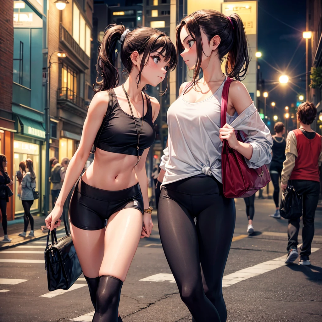 Young brunette, hair in a ponytail, yoga pants and halter top, carrrying a small purse, on a city street under a bright street light, alone facing camera, no one else in the scene