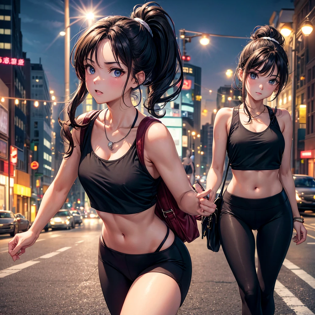 Young brunette, hair in a ponytail, yoga pants and halter top,  carrrying a small purse, on a city street under a bright street light, alone facing camera,  no one else in the scene 