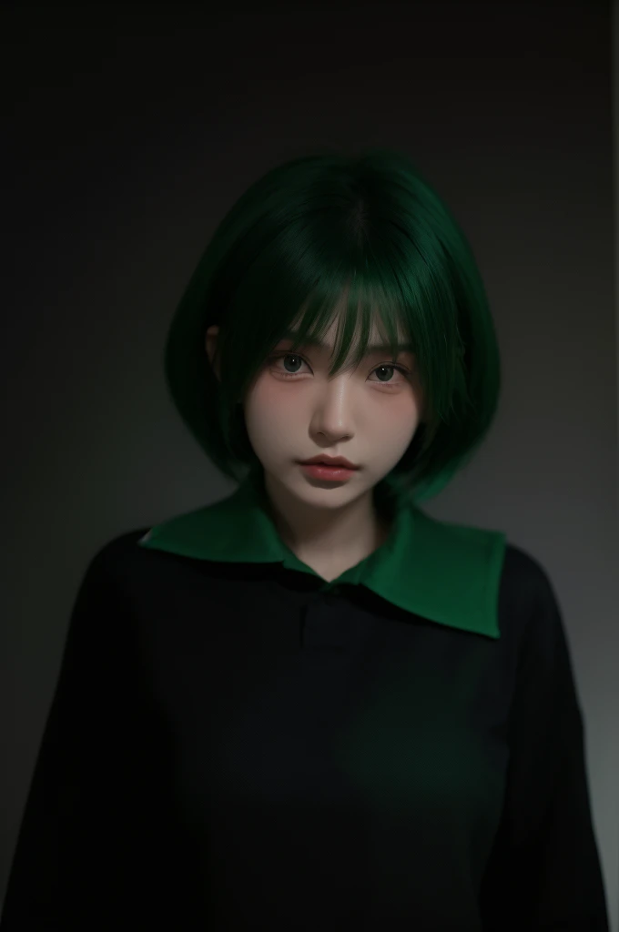 nokiapretty, student uniform , black background , greenhair, frome above
