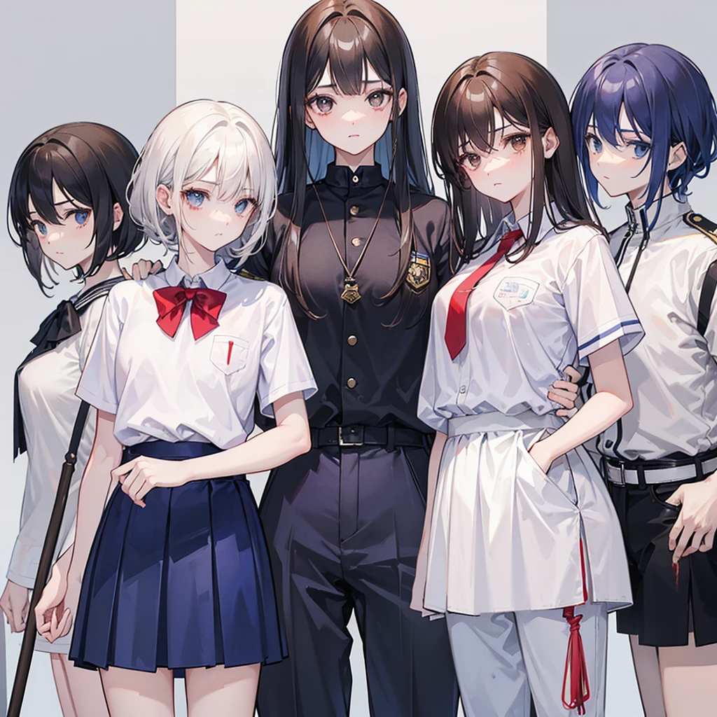 1 girl with medium sized curly hair, brownhair, honey-colored eyes with 2 spots on the right side of the face and white skin color, wearing uniform with white shirt, dark blue pants with white line on the pants, clothes with blood holding an ax in hand, 1 with semi-straight hair, cor parda, dark brown eyes and white skin color, uniform with white shirt with dark blue pants with line on pants with blood on clothes holding a broom , outra de brownhair curtos, brown eyes and white skin color, wearing a uniform with a white shirt and dark blue pants with a white line, 1 de brownhair curtos e olhos castanhos escuros vestindo camisa branca com calça azul escura cheia de sangue segurando um taco de beisebol e sua cor de pele é morena, all of them with a somewhat sad face, all with the entire body facing forward, looking at the camera, the scene behind them was a school in front with some zombies, the lighting is a little dark but you can see everything, all four together in the same place, They are all teenagand are in high school, 2 girls and 1 boy