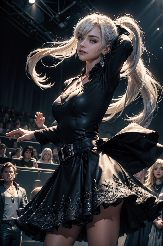 (masterpiece, best quality:1.2), cowboy shot, dynamic pose, weissvale, smile, closed mouth, looking at viewer, long white hair, side ponytail, scar above eye, scar below eye, black dress, jewelry, necklace, earrings, future_urban, standing in theater, microphone, orchestra, audience, crowd, (volumetric lighting), intricate details, tonemapping, sharp focus, hyper detailed