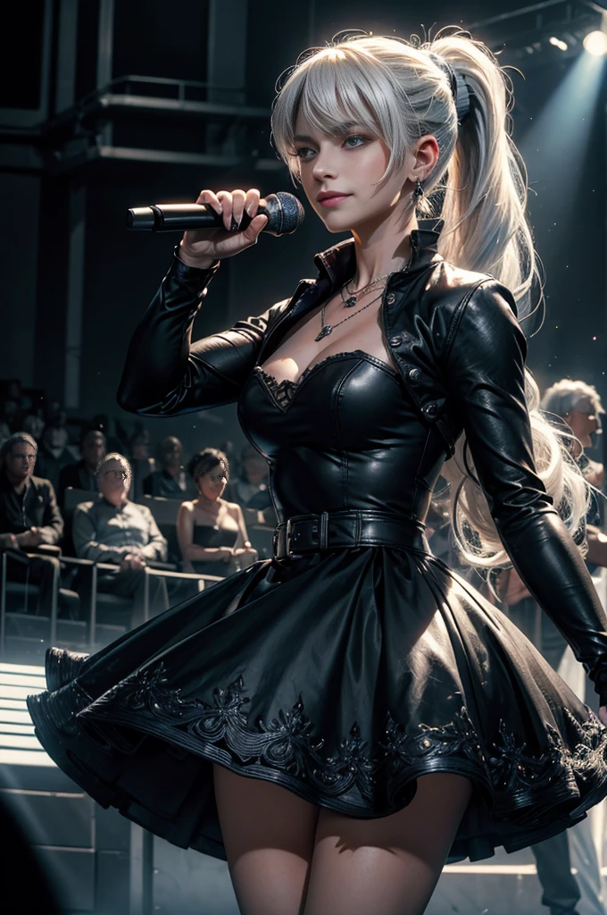 (masterpiece, best quality:1.2), cowboy shot, dynamic pose, weissvale, smile, closed mouth, looking at viewer, long white hair, side ponytail, scar above eye, scar below eye, black dress, jewelry, necklace, earrings, future_urban, standing in theater, microphone, orchestra, audience, crowd, (volumetric lighting), intricate details, tonemapping, sharp focus, hyper detailed
