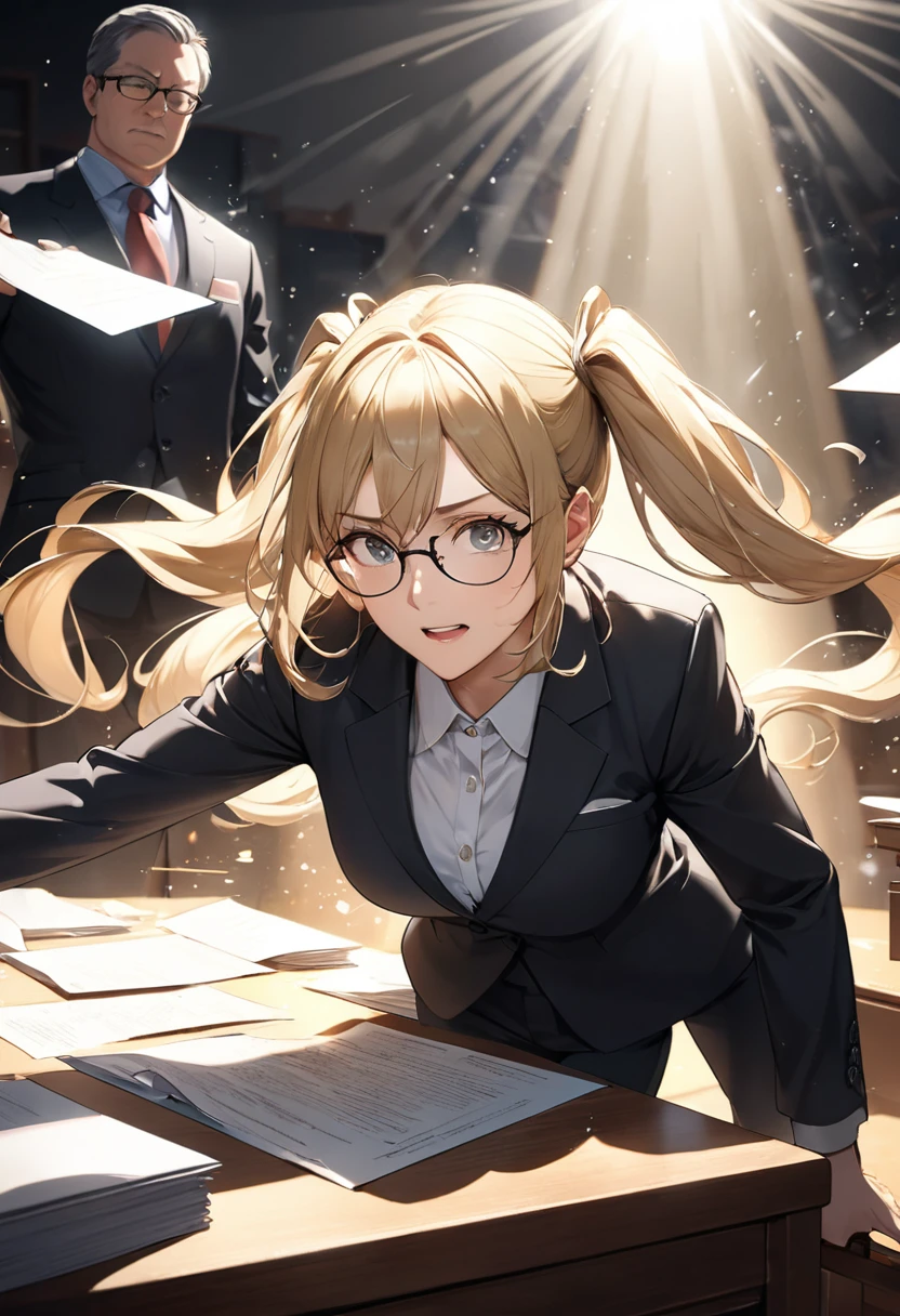 Highest quality, Highest quality, 16K, Unbelievably absurd, Very detailed, delicate and dynamic, Detailed facial depiction, , Particles reflect light, Diffuse reflection of light, Vortex of Light, Files on the desk, Spotlight, trial所, trial, Defense, Glassesが光を反射する, Create amazing image effects, Close-up, (sole sexy lady, big firm bouncing busts, long wavy blonde hair, Twin tails, lawyer, Powerful, Chic black suit, White blouse, pants suit, High heels, Glasses, Serious, Self, enthusiasm, Spiel, Stand up and read the document, Glassesを手で押し上げる,)