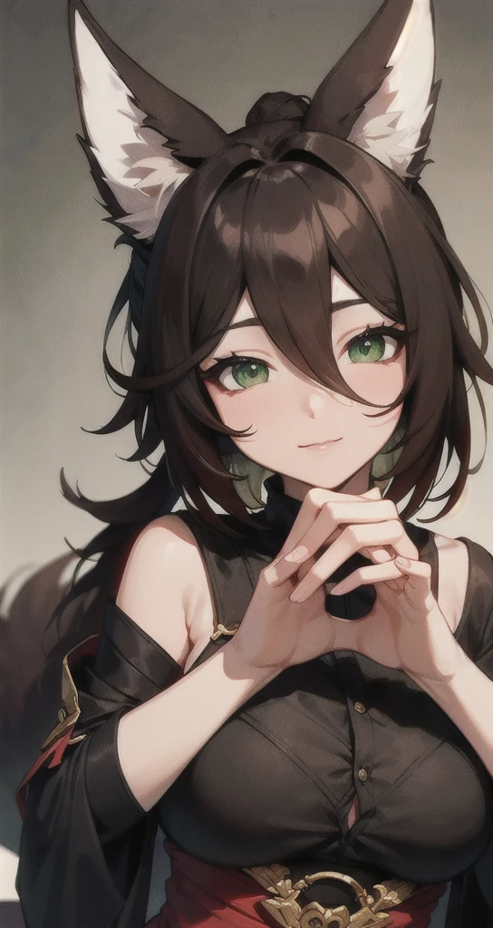 (best quality, masterpiece, perfect face, highest detailed face), tingyun, (brown hair:1.3), (green eyes:1.5), animal ears, (fox ears:1.3), (fox tail:1.1), hair between eyes, tail, animal ear fluff, , long hair large breasts, ponytail, fox girl, Oversized shirt, oversized clothes, LODBG, nice hands, perfect hands, (high contrast, official art, extreme detailed, highest detailed)