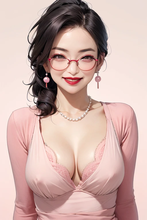 Beautiful mature Japanese woman aged 55, One woman, Married women, Long eyelashes, Low Ponytail, Hair fluttering, Red lipstick, Pink Cheeks, Pearl Necklace, Earrings, Dark eyeshadow, wear glasses, Cleavage, Beige bra, Beautiful body, Beautiful smile, Pink Background, Focus on the whole body, nsfw