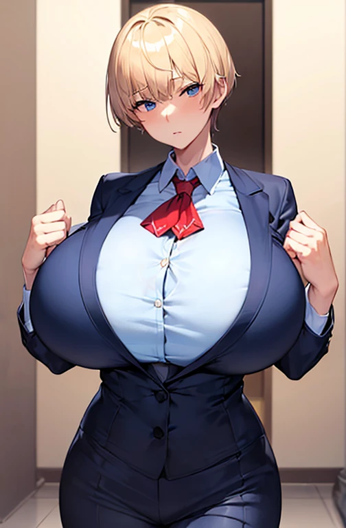 alone、((((Huge breasts))))、Blonde、Very short hair、pixie cut、blue eyes、Tight waist、student、Navy blue blazer、White shirt、Navy blue slacks、Red tie、expensive、Red cheeks、Perm、Confident expression、boyish