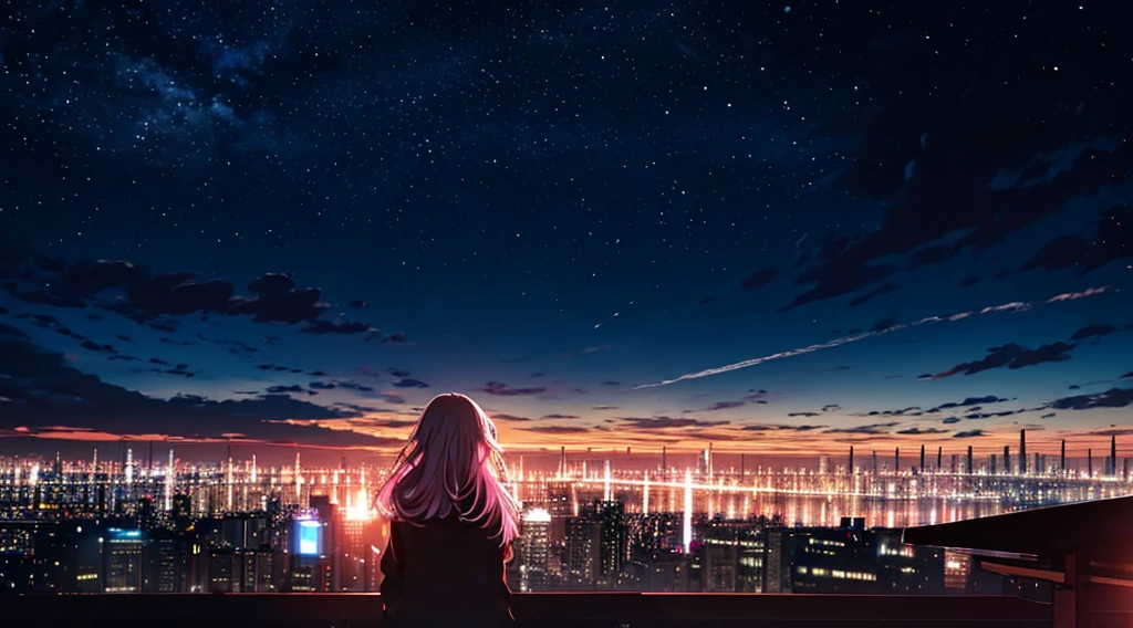 In the roof of a high school during a night with a lot of stars, a girl in a japanese  is looking at the night sky filled by a lot of stars.
-1 girl
-blond long hair with pink point
-sky
-a bunch of stars
-landscape
-plain
-wind
-midnight
-fallings stars
-all the stars falling in the same direction
-the girl is looking the sky
-a better view on the city and the sky