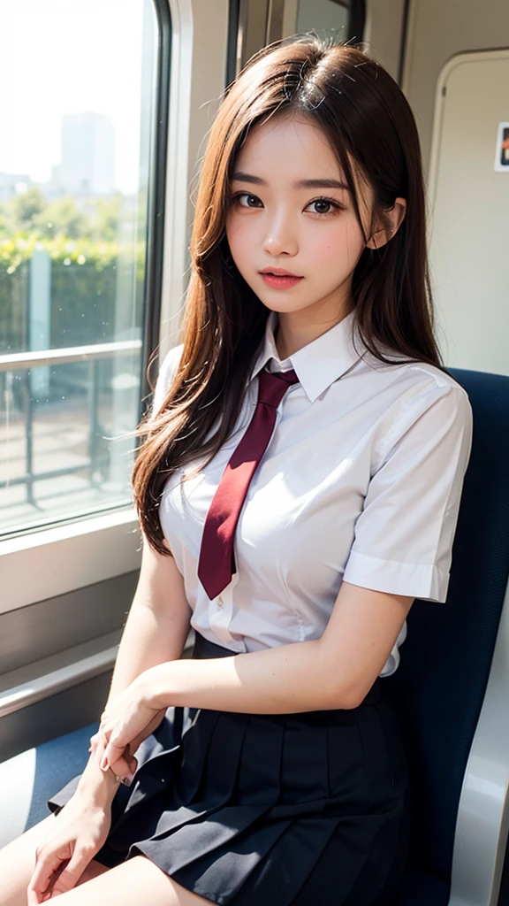 (masterpiece, Highest quality:1.2), 8k, , 85mm, Official Art, RAW Photos, Absurd, White dress shirt, Pretty face, close, Upper Body, Violet, Gardenias, beautiful girl, , (Navy Pleated Skirt:1.1), Squeeze the waist, Thighs, Short sleeve, in the train, Sitting on a bench seat, View your viewers, No makeup, (smile:0.4), Film Grain, chromatic aberration, Sharp focus, Face Light, Bright lighting, Teen, Detailed face, Bokeh Background, (Dark red tie:1.1)