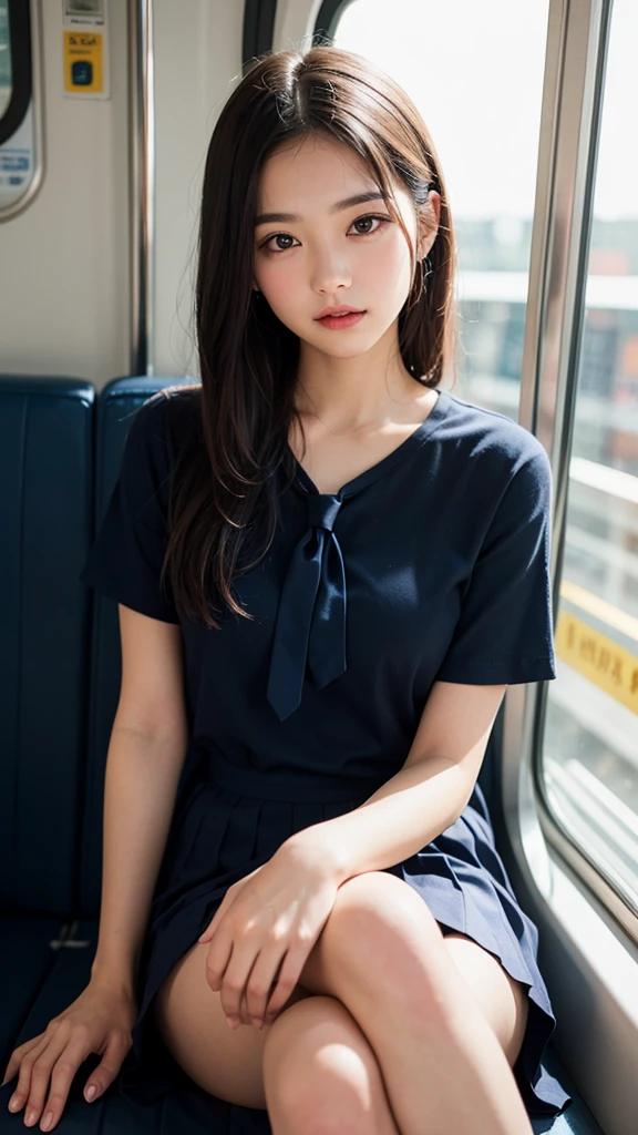 (masterpiece, Highest quality:1.2), 8k, , 85mm, Official Art, RAW Photos, Absurd, White dress shirt, Pretty face, close, Upper Body, Violet, Gardenias, beautiful girl, , (Navy Pleated Skirt:1.1), Squeeze the waist, Thighs, Short sleeve, in the train, Sitting on a bench seat, View your viewers, No makeup, (smile:0.4), Film Grain, chromatic aberration, Sharp focus, Face Light, Bright lighting, Teen, Detailace, Bokeh Background, (Dark red tie:1.1)