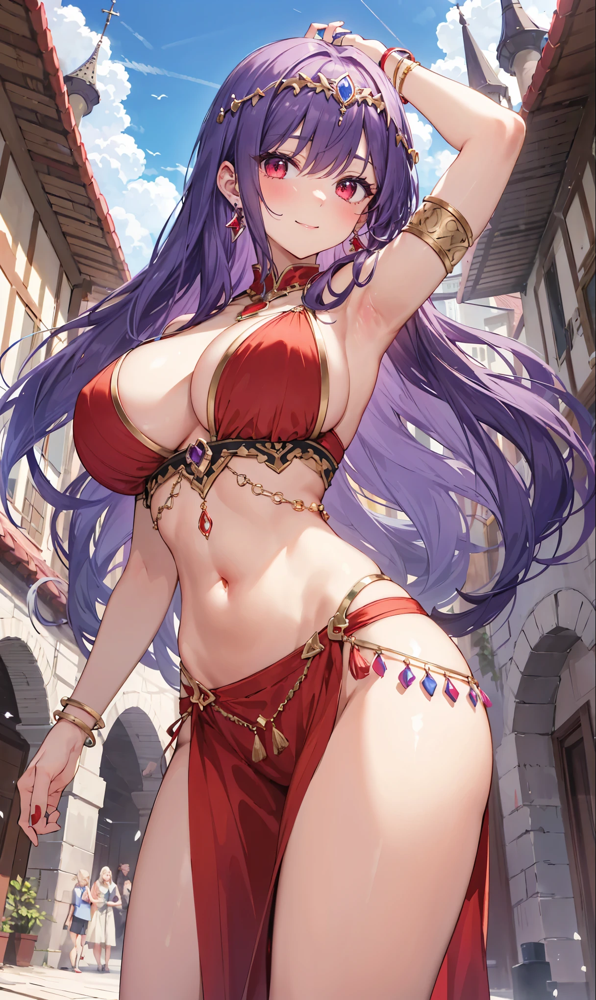 high quality, ultra detailed, best quality, insanely detailed, beautiful, masterpiece, 1girl, medieval plaza, cowboy shot, red eyes, long hair, purple hair, belly dancer, circlet, earrings, armlets, bracelets, bashful smile, large breasts, cleavage, soft stomach