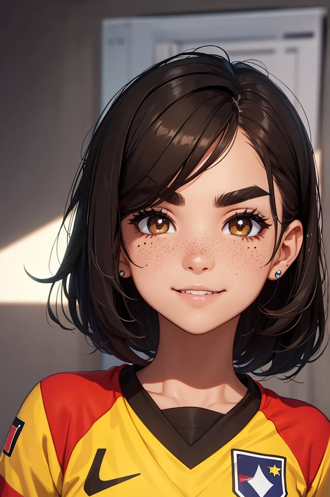 man , Brown eyes , short black hair, thick eyebrows , she has freckles on her face , wear the shirt of the Venezuelan national team of 2024 , smile