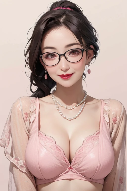 Beautiful mature Japanese woman aged 55, One woman, Married women, Long eyelashes, Low Ponytail, Hair fluttering, Red lipstick, Pink Cheeks, Pearl Necklace, Earrings, Dark eyeshadow, wear glasses, Cleavage, Beige bra, Beautiful body, Beautiful smile, Pink Background, Focus on the whole body, nsfw, Pussy