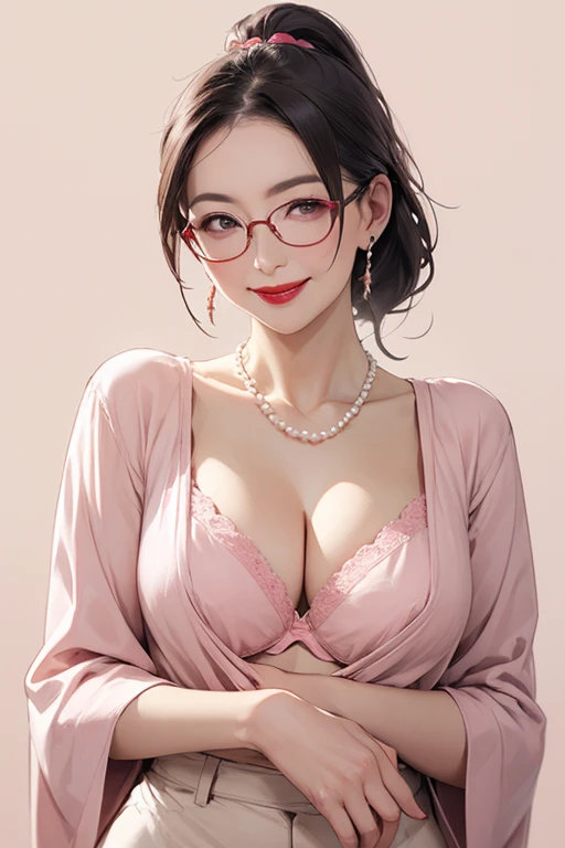 Beautiful mature Japanese woman aged 55, One woman, Married women, Long eyelashes, Low Ponytail, Hair fluttering, Red lipstick, Pink Cheeks, Pearl Necklace, Earrings, Dark eyeshadow, wear glasses, Cleavage, Beige bra, Beautiful body, Beautiful smile, Pink Background, Focus on the whole body, nsfw, Pussy