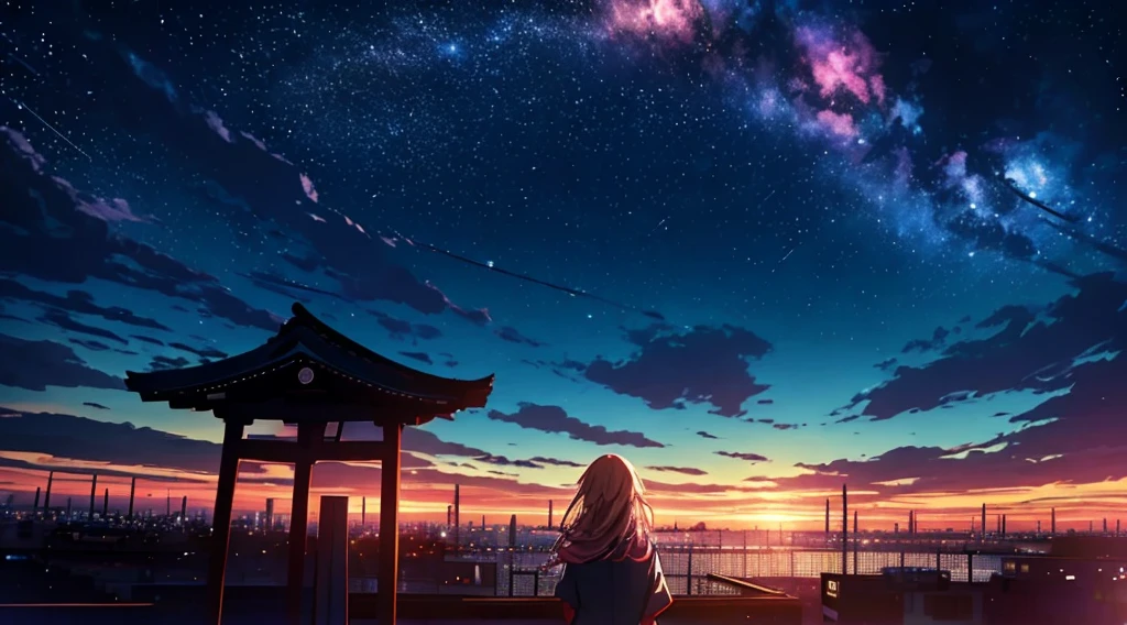 In the roof of a high school during a night with a lot of stars, a girl in a japanese  is looking at the night sky filled by a lot of stars.
-1 girl
-blond long hair with pink point
-sky
-a bunch of stars
-landscape
-plain
-wind
-midnight
-fallings stars
-all the stars falling in the same direction
-the girl is looking the sky
-a better view on the city and the sky