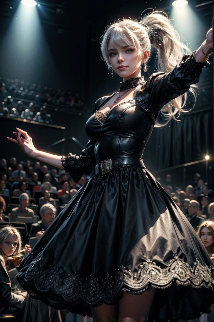 (masterpiece, best quality:1.2), cowboy shot, dynamic pose,  weissvale, smile, closed mouth,  looking at viewer, long white hair, side ponytail, scar above eye, scar below eye, black dress,  jewelry, necklace, earrings, future_urban, standing in theater, microphone, orchestra, audience, crowd, (volumetric lighting), intricate details, tonemapping, sharp focus, hyper detailed 