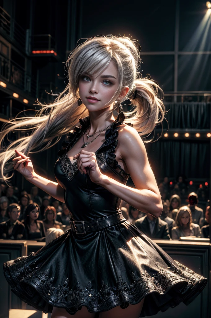 (masterpiece, best quality:1.2), cowboy shot, dynamic pose,  weissvale, smile, closed mouth,  looking at viewer, long white hair, side ponytail, scar above eye, scar below eye, black dress,  jewelry, necklace, earrings, future_urban, standing in theater, microphone, orchestra, audience, crowd, (volumetric lighting), intricate details, tonemapping, sharp focus, hyper detailed 