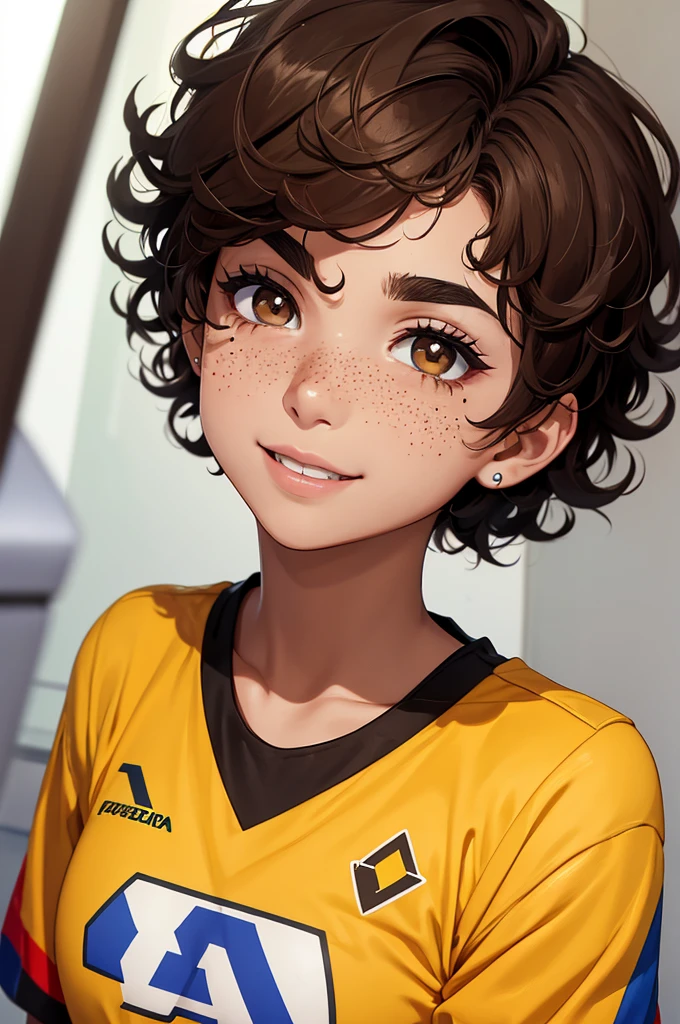 MALE MAN, Brown eyes , short curly hair, thick eyebrows , she has freckles on her face , wear the shirt of the Venezuelan national team of 2024 , smile