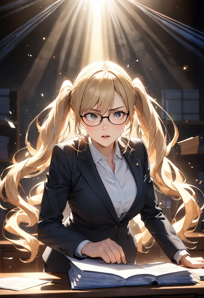 Highest quality, Highest quality, 16K, Unbelievably absurd, Very detailed, delicate and dynamic, Detailed facial depiction, , Particles reflect light, Diffuse reflection of light, Vortex of Light, Files on the desk, Spotlight, trial所, trial, Defense, Glassesが光を反射する, Create amazing image effects, Close-up, (sole sexy lady, big firm bouncing busts, long wavy blonde hair, Twin tails, lawyer, Powerful, Chic black suit, White blouse, pants suit, High heels, Glasses, Serious, Self, enthusiasm, Spiel, Stand up and read the document, Glassesを手で押し上げる,)