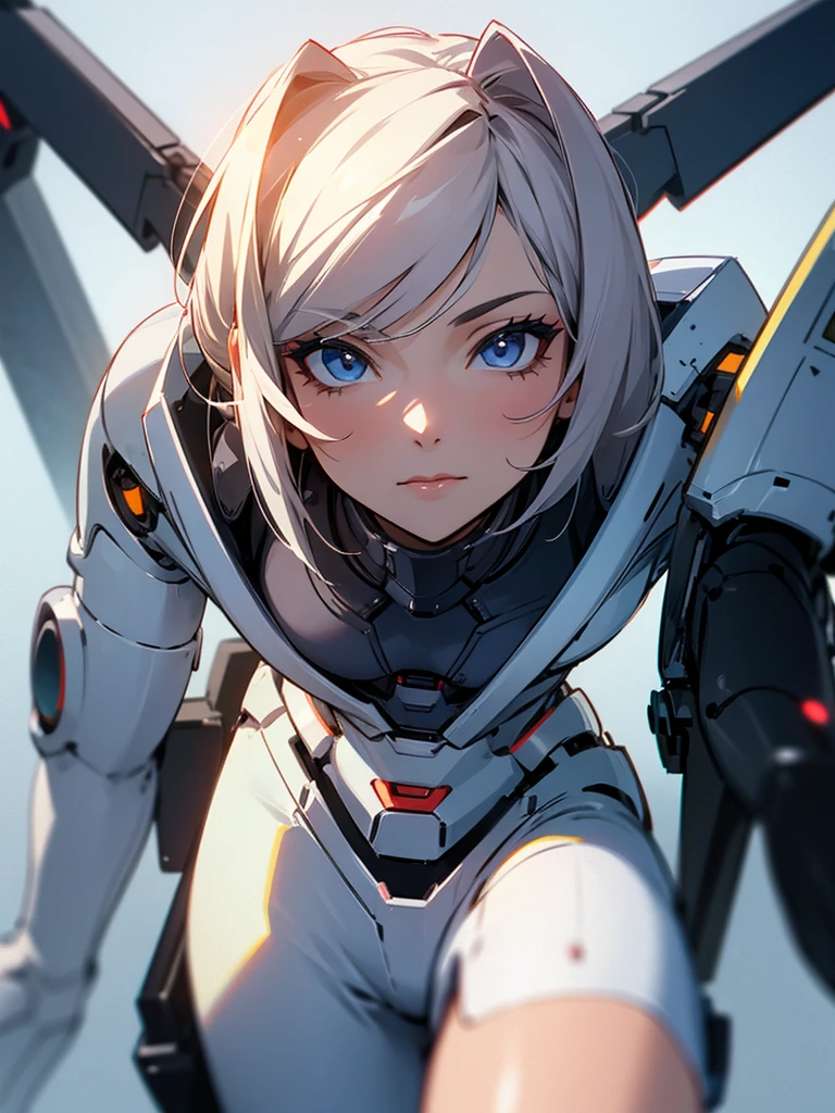 Mature woman being viewed through a robot's HUD, facefocus, detailedeyes, masterpiece big pink hair, shining blue eyes, wearing a mustard yellow jumpsuit, breasts big, looking 35 years old, eye on the spectator, Look to the camera, , the background is a dark corridor, Hands on waist, thick-thighs
