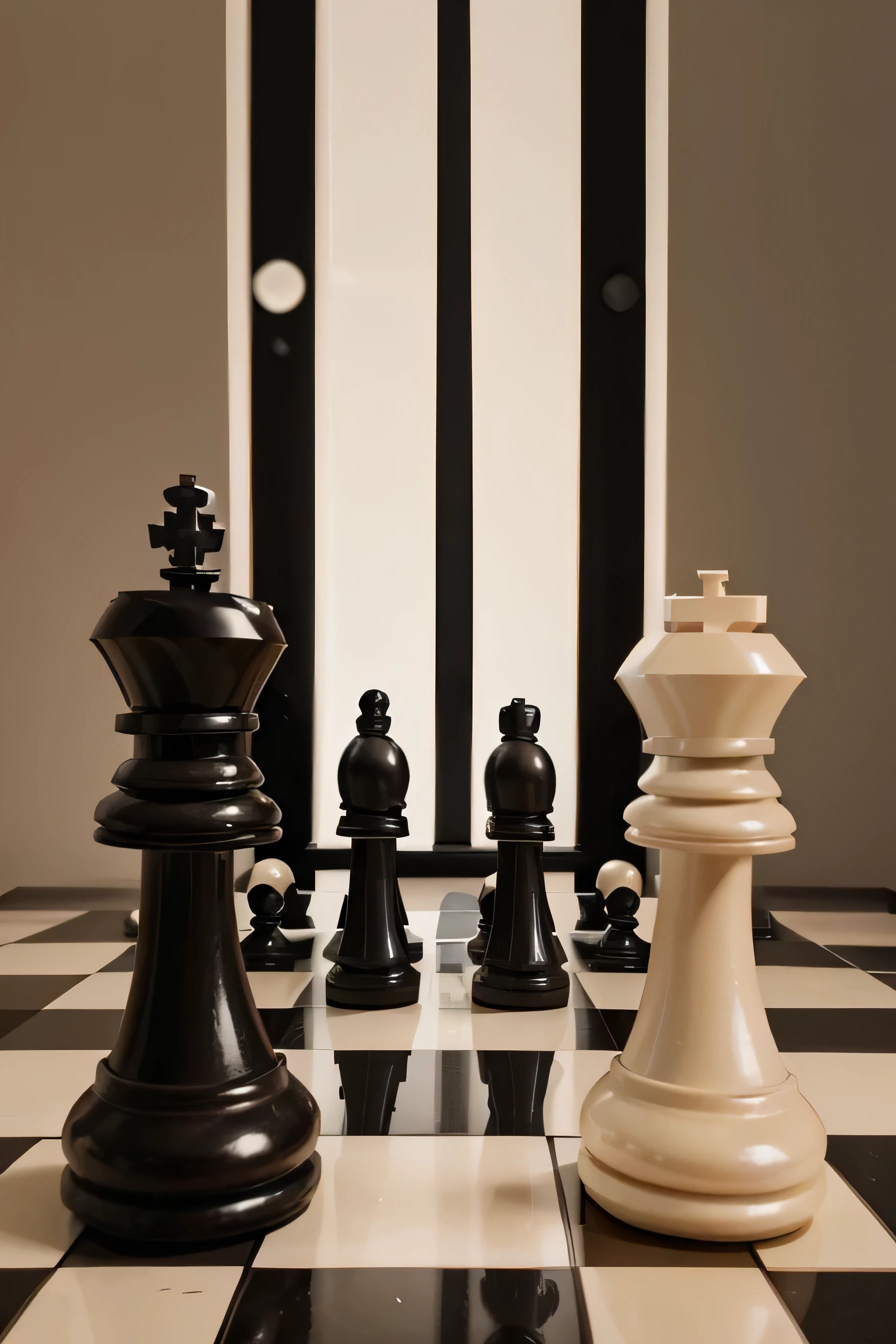 create chess ,two opposite black and white kings in the center(Chess pieces) , with pieces around it but made, that the black and white kings simulate that one is being defeated but on the board(Chess pieces),the image that is in brown or beige background color,