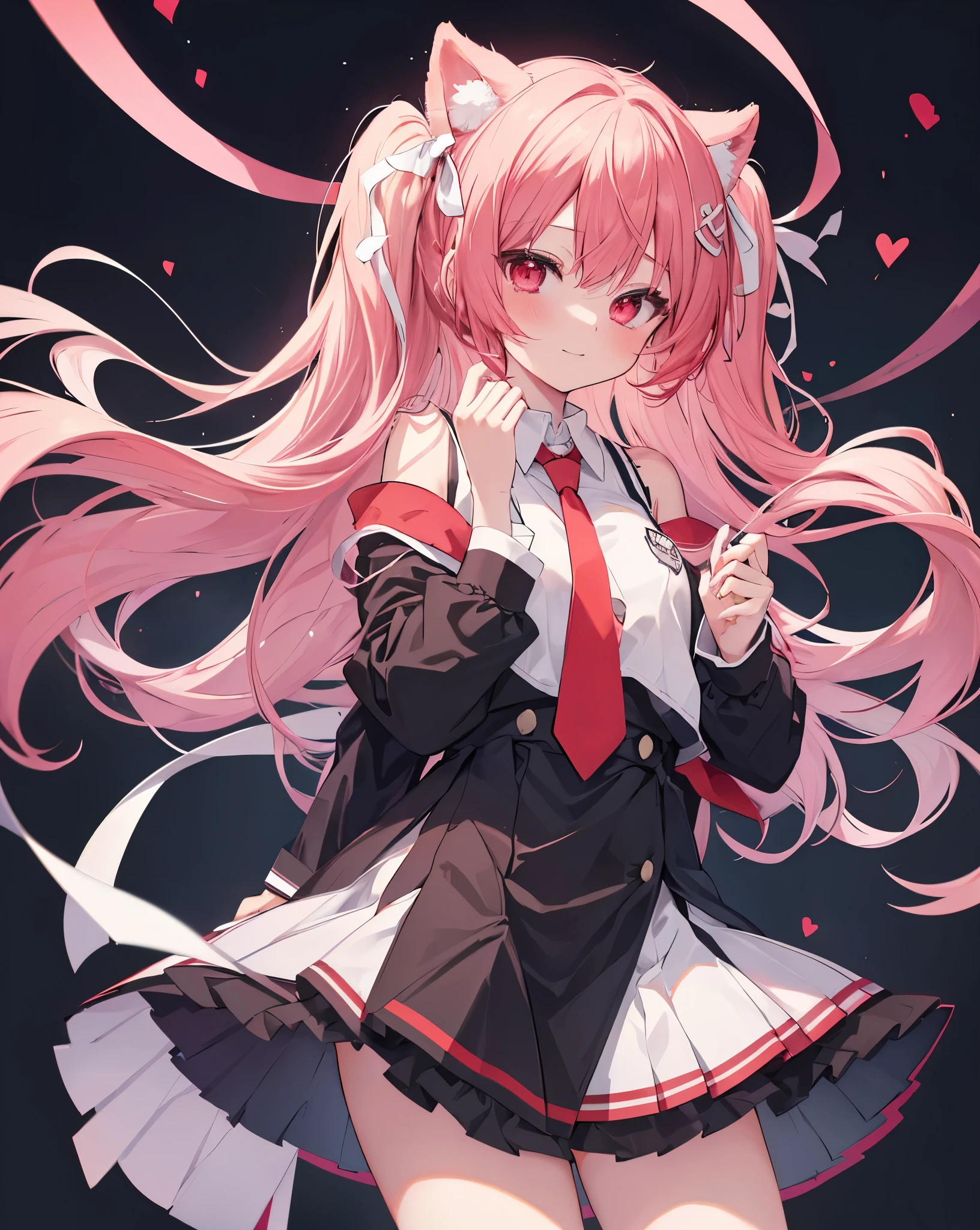High quality, kotori_itsuka,1girl, solo, neko_ears, untied_necktie, ((White ribbons to tie hairs)), black background, bare shoulders , long vibrant red hair, vibrant red eyes.
(school uniform,pantyhouse:1.2), zoomed portrait, she's blushing But happy, she love me