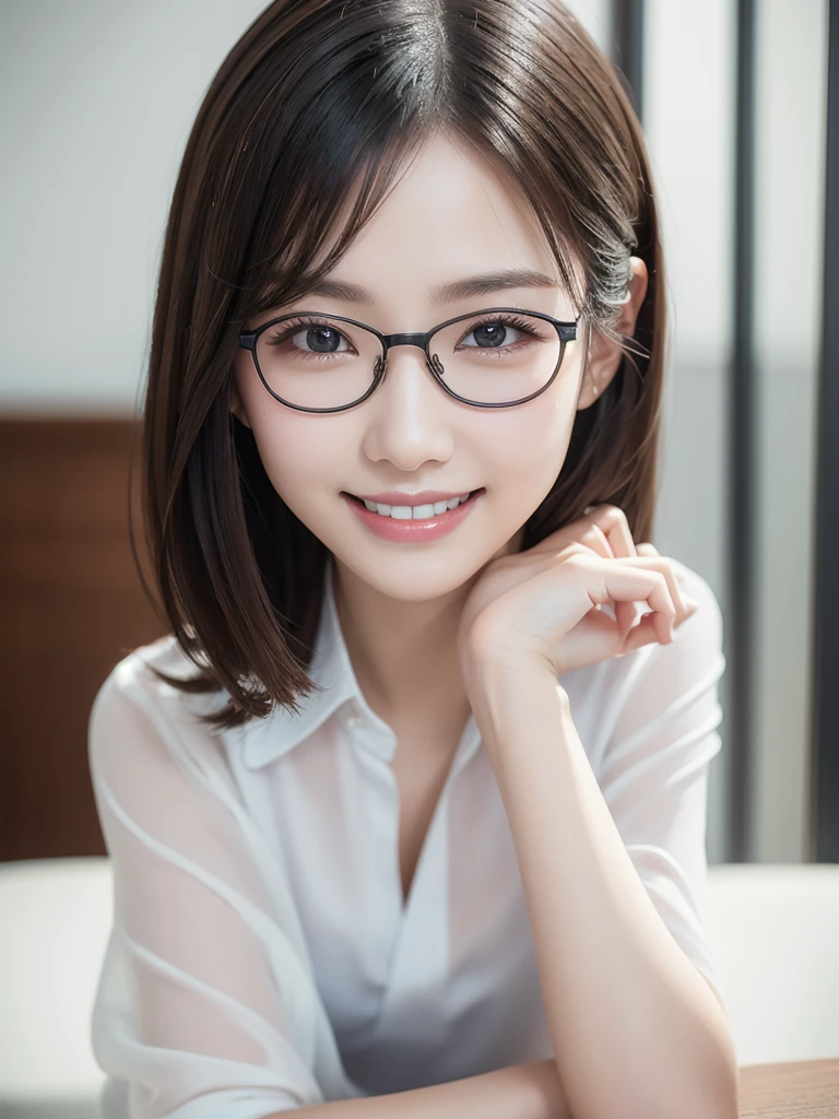 a cute woman, 8K, sexy pose，beautiful detailed eyes,very smiling， upper body, beautiful detailed lips, extremely detailed eyes and face, long eyelashes, slender body, thin face, delicate features, flawless porcelain skin, glistening sweat, realistic, sexy office lady outfit, office, one-person viewpoint, Fuji Film, F/1.2, masterpiece, nffsw, super detail, high quality, best quality, high resolution, glasses, mole under right eye, smiling, arms crossed