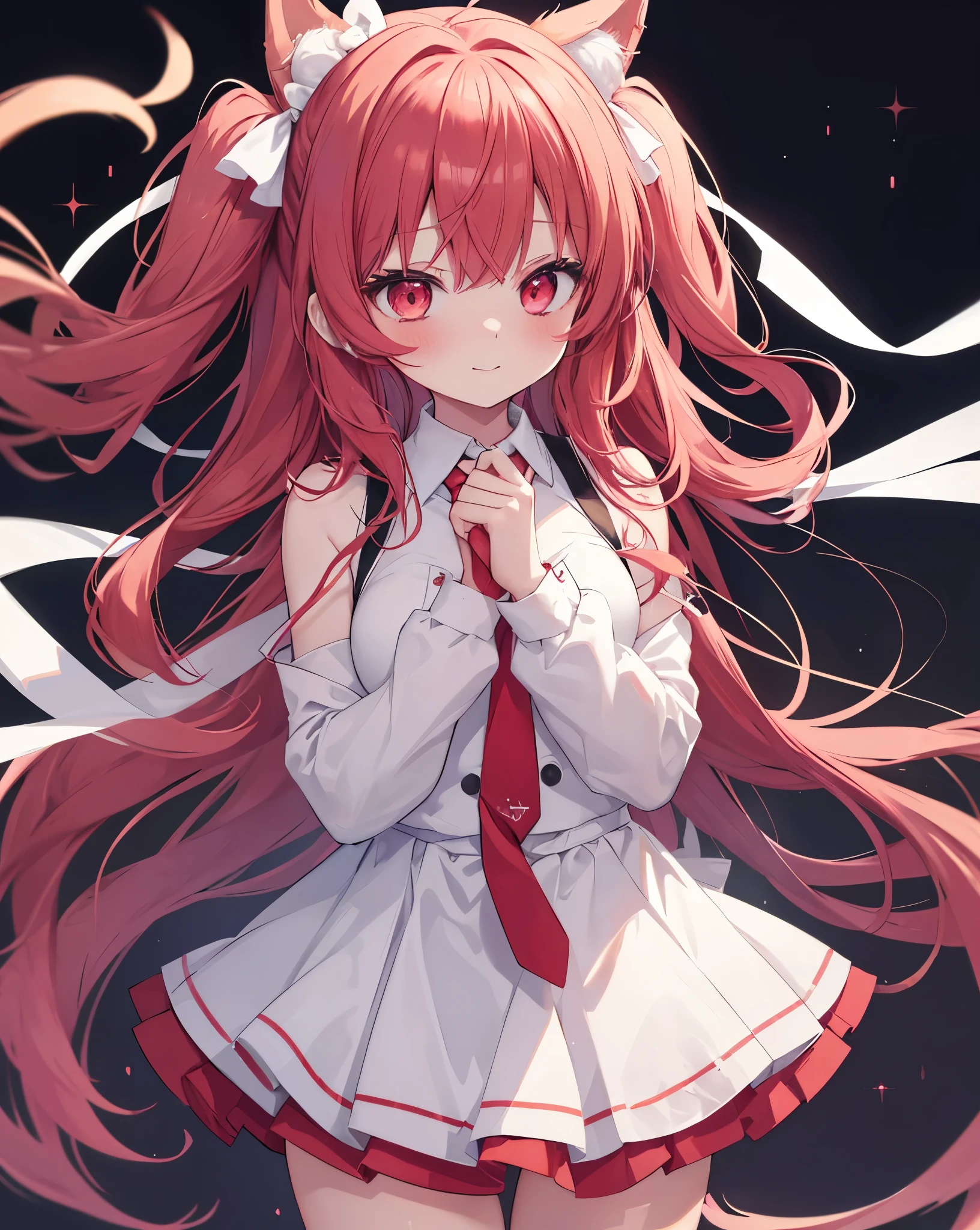 High quality, kotori_itsuka,1girl, solo, neko_ears, untied_necktie, ((White ribbons to tie hairs)), black background, bare shoulders , long vibrant red hair, vibrant red eyes.
(school uniform,pantyhouse:1.2), zoomed portrait, she's blushing But happy, she love me