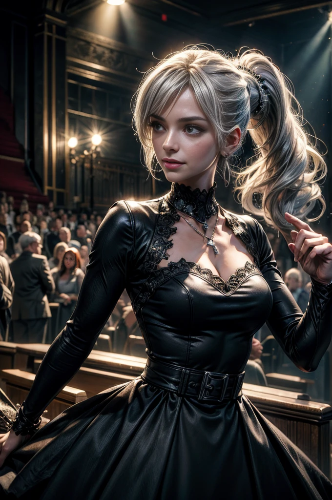 (masterpiece, best quality:1.2), cowboy shot, dynamic pose, weissvale, smile, closed mouth, long white hair, side ponytail, scar above eye, scar below eye, black dress, jewelry, necklace, earrings, future_urban, standing in theater, microphone, orchestra, audience, crowd, (volumetric lighting), intricate details, tonemapping, sharp focus, hyper detailed