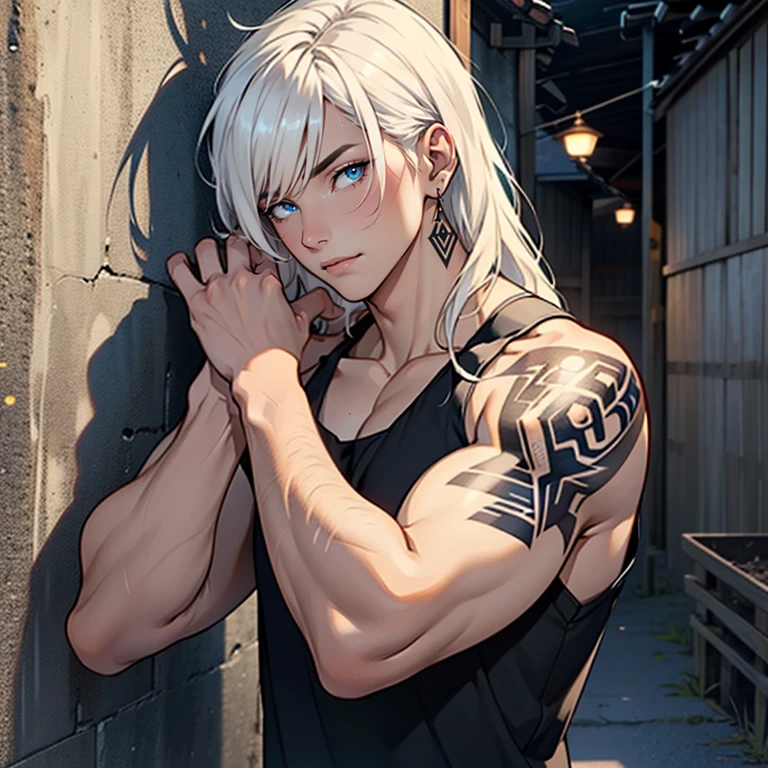 Male prisoner, blond hair, blue eyes, cute, tank top, black and white prison jumpsuit is tied around the waist, tattoos