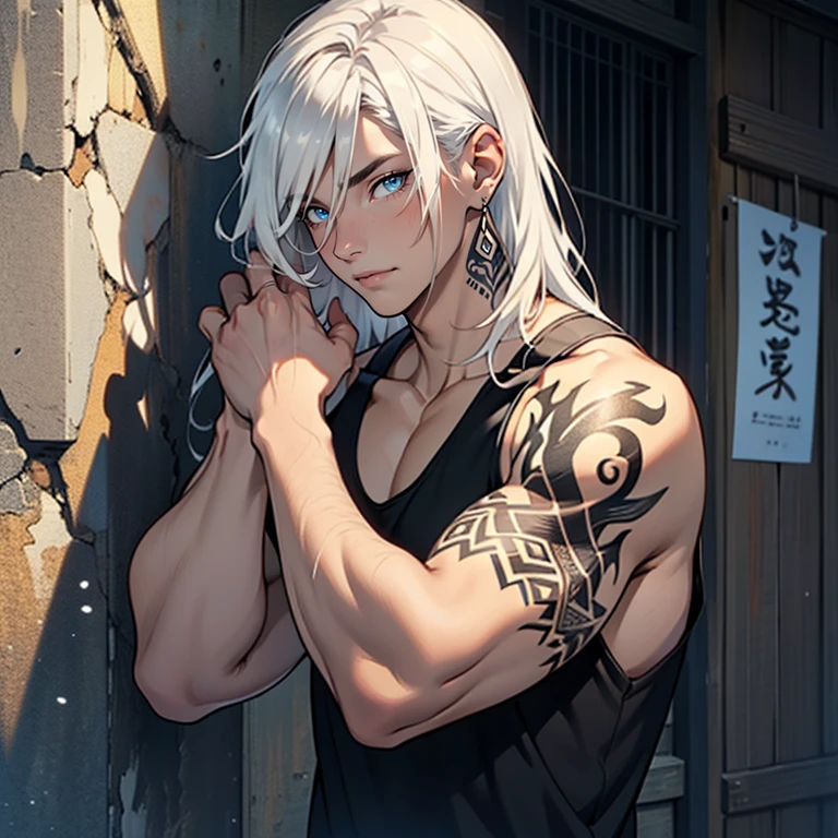 ((masterpiece)), (((best quality))), solo, 1 male, pale white skin, white hair, shoulder-length hair, straight hair, handsome young man, blue eyes, lean, tall, slender, detailed background of a japanese village, black tank top, intricate tattoos on both arms, simple earrings, highest quality, highly detailed, original, high resolution CG Unit 8k wallpaper, (best quality, artwork, masterpiece, 4k)