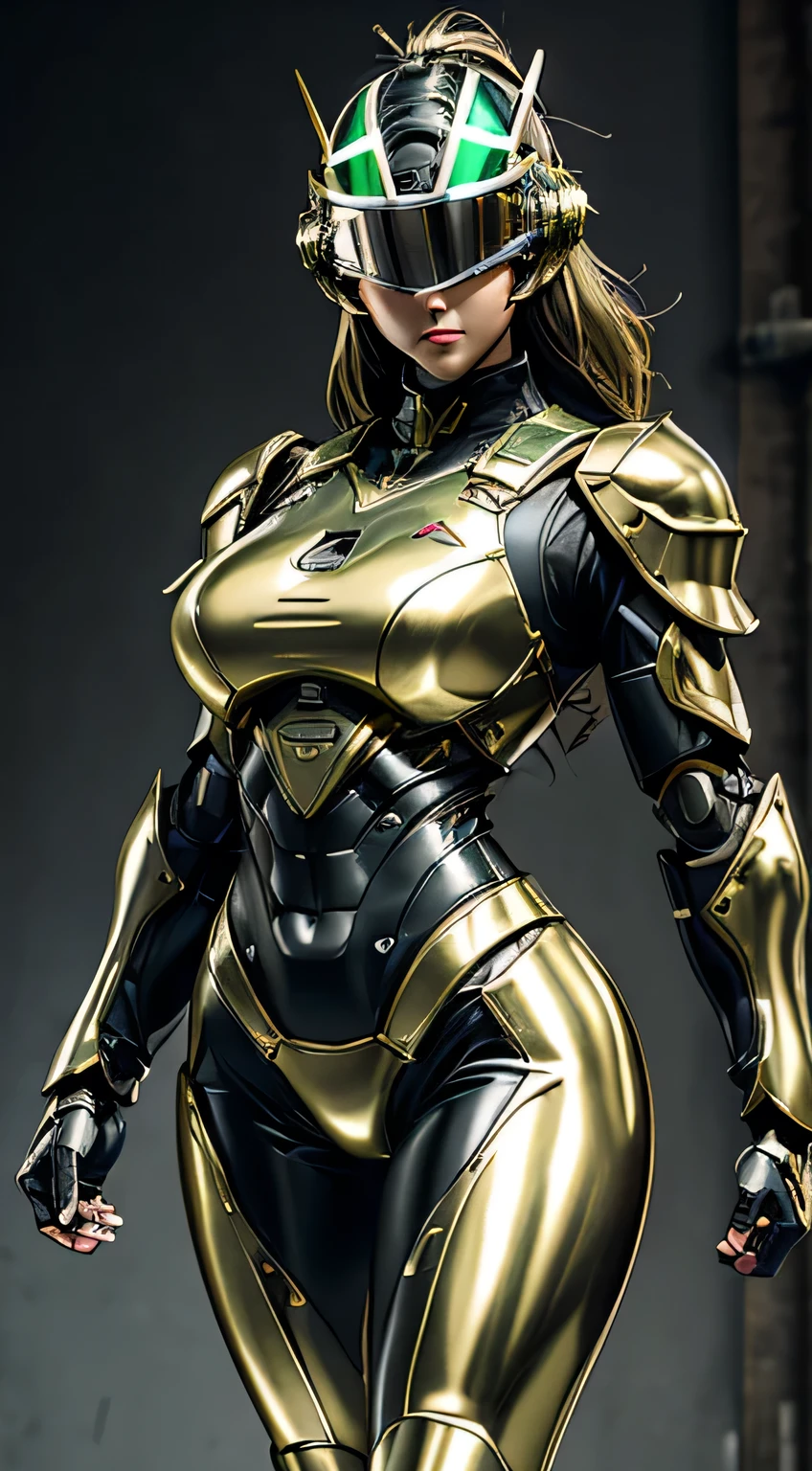 Female Robocop Solo、Bright outdoors、strong light source、8k, high quality, masterpiece, 最high quality, Crisp contrast、Very detailed、Full body armor、Very large armor、Helmet covering the head、Clear photos、The eyes are hidden by thin, translucent straight goggles.:1.3、The lower half of the face is raw々Shii:1.5、The lower half of the face is exposed、Seductive lips、Light yellow-green metallic armor、Black accent color、Armor that completely covers the chest、Long, slender legs、Vibrant Posselo Body View,Big and ample breasts:1.5, (Sports Body:1.5)、Five Fingers、Hold a handgun、In the city