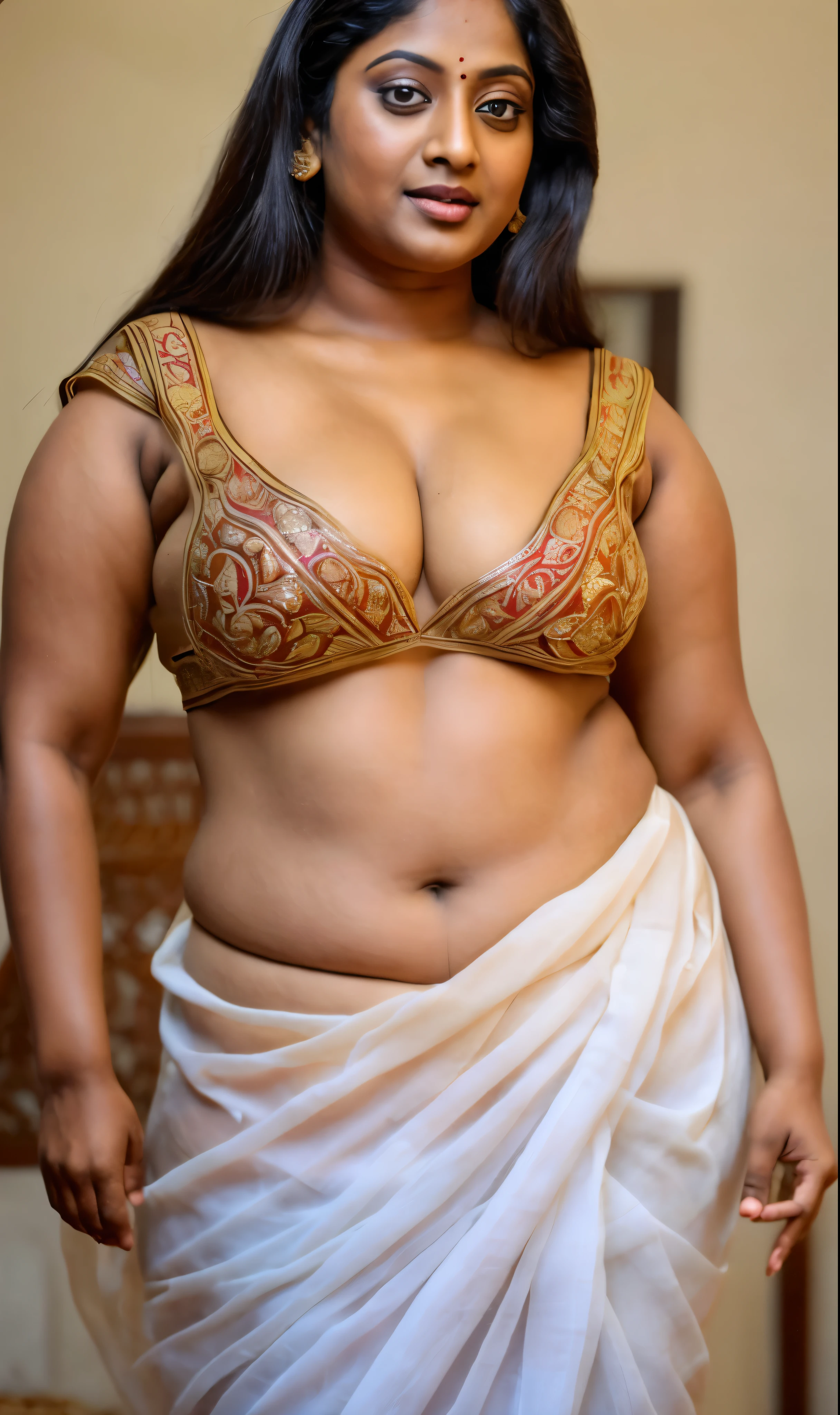 Looks like Indian Actress Ester Noronha, stunning beauty, enchantress, maharani, beautiful like apsara, An Extremely gorgeous and beautiful Bengali village woman, 55 yo, pale white skin, sensual appealing body, perfect thick and chubby Beauty, wearing saree bare-chested, wearing a Bengali-style saree without a blouse,, ethnic vintage bengali village woman, bengali style saree, The sari was worn without a blouse and petticoat before the British Raj, baring one's chest or being blouseless, intricate , Bengalis a.k.a. Bongs are known for their unique Bengali fashion sense (the way they don that sari makes you go wow), Pre British Raj, Pre colonial era, Bengali Woman draping sari without blouse is a normal thing in pre British Era, bong woman, wearing kajal or kohl or kajol in eyes, enchanting face, fluent body language and her own appeal is truly different, thick fleshy navel, juicy lips, beautiful curvy village woman, desi gorgeous Bong aunty, curvy mature beauty, Bengali bhabhi , deep juicy navel, juicy figure, skin pores, skin texture, highly detailed, sensually appealing, appealing figure, appealing body language,
