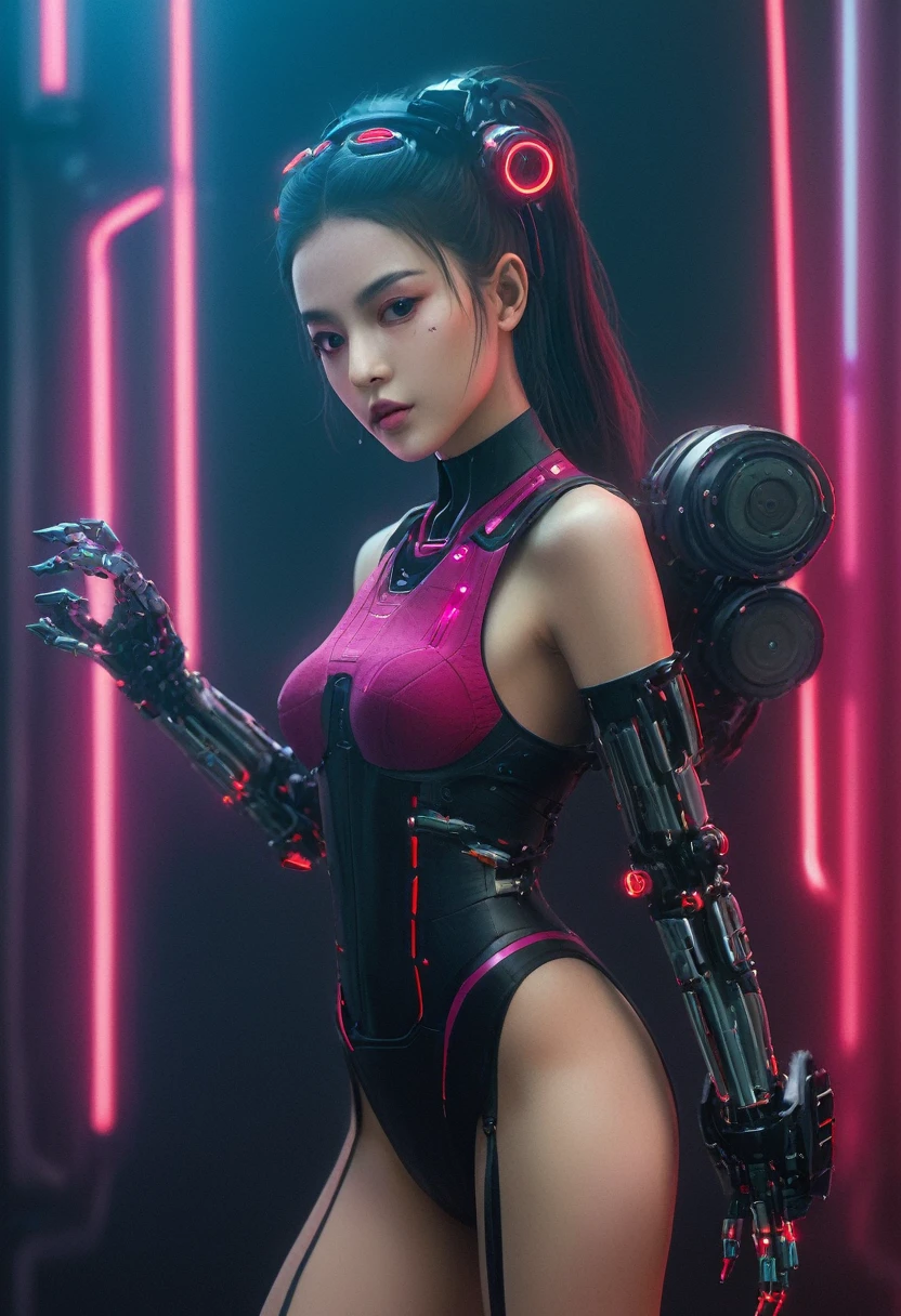 xxmixgirl. Highly detailed professional 35mm film, bokeh, face in sharp focus. A robotic female, Miku, with ((metal skin)), ((perfect Asian eyes)) with magenta irises and ((black pupils)), beautiful serious (detailed face), 18 year old ((photorealistic face)), very long magenta twin tails of magenta hair, twin black hair ties with a single red stripe. She may have a black audio headpiece. We can see her ((full body)) down to her boot soles. Her outfit is a sleeveless collared light grey shirt, outlined in red around the frilled collar and hems. Shiny reflective ((metallic breast cups, dimpleless)), invisible nipples. She wears black sleeves with red hems that start around her upper arm and bellow out as the sleeves open and extend to her wrists, with wide trumpet red rimmed cuffs. She has perfect robotic (detailed hands). She wears a red colored tie with two horizontal solid parallel black lines halfway across. She wears a fabric black skirt with a horizontal red hem at the bottom all the way around; her (((black skirt wraps around her))) and ((her skirt completely covers)) her robotic waist and thighs. Tall black boots with red bottom soles, a red rim around the top at her thighs. Her mechanical shoulder joints are visible. We can see her robotic legs and robotic neck. Half of her is covered with shiny polished machinery. The background is a distant dark neon futuristic Japanese city, gold, cyan, violet neon, near harbor or mountains.