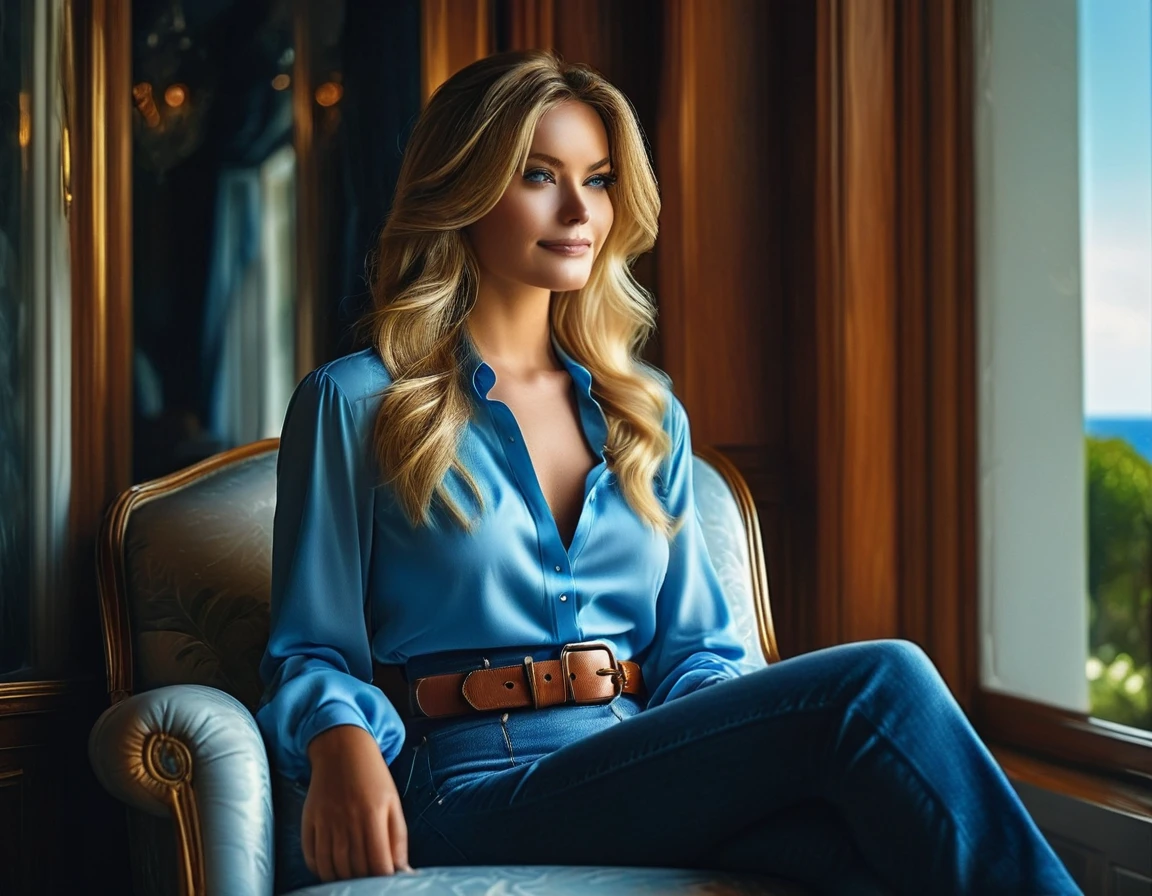 hyperrealistic, masterpiece, a highly detailed, sharp focus, a beautiful woman with very long blond beautiful sleek hair sitting in front of a large window in a luxury mansion in a comfortable white loungechair looking out window to the sea, beautiful slanted dark blue eyes, looking very smart. She is wearing a light blue oxfordblouse, brown belt, dark blue jeans, she looks beautiful like a photomodel, cinematic experience, looks like she is doing very well in life, small smile, high quality, awesome detail, 8k ultra HD, colourful double exposure, highly detailed, sharp focus, awesome full colour, different variations