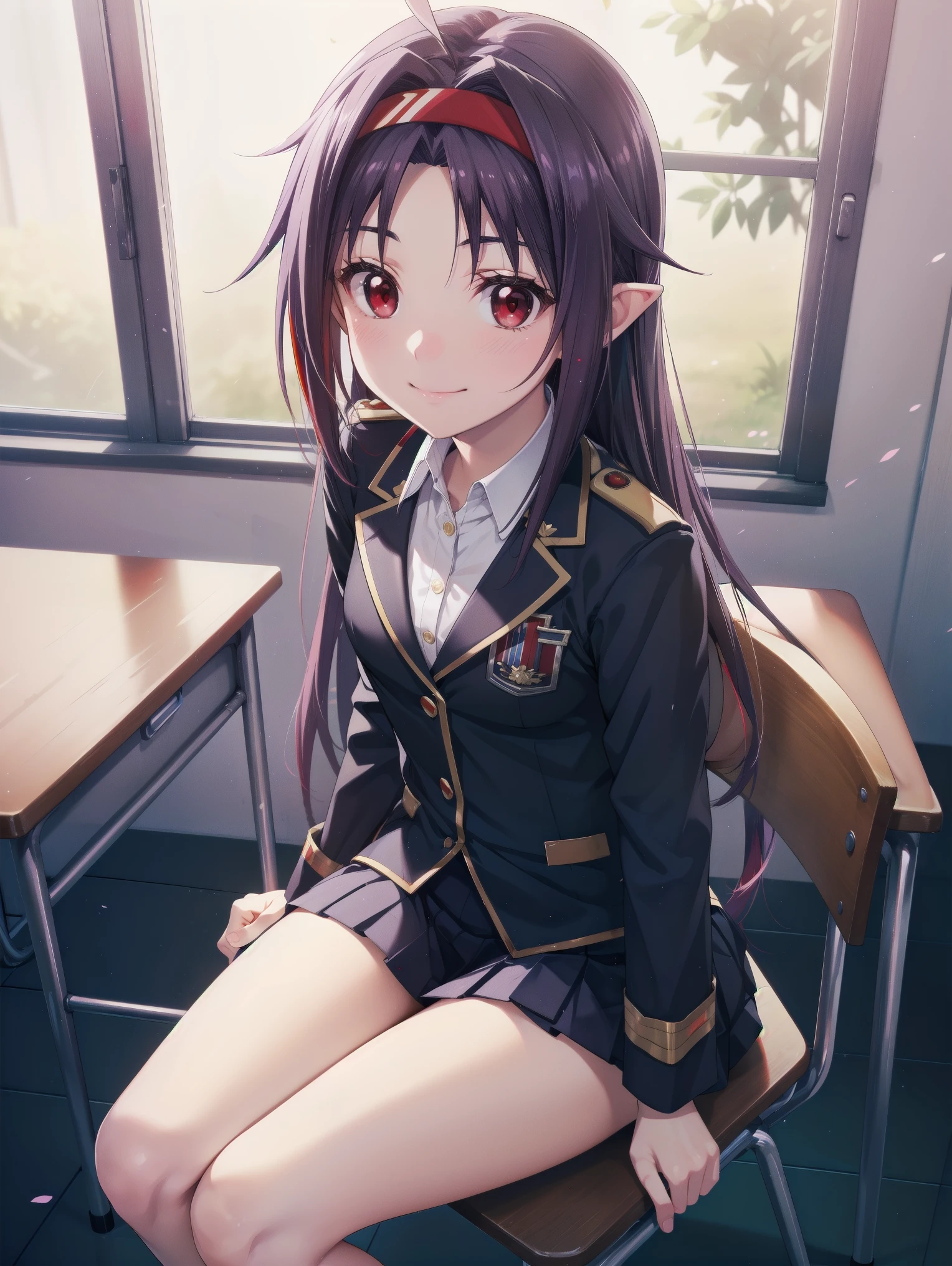 masterpiece, Highest quality, 8k, Ultra-high resolution, Anime Style, smile、Best writing, Beautiful Face, Yuuki Konno、Yuuki Konno、1 girl, alone, hair band、Long Hair、Pointed Ears、Purple Hair、(Red eyes:1.5)、(Small breasts:1.2)、Closed Mouth、Breaking black thighs、uniform、blazer, Pleated skirt, School, classroom, Sit on a chair, blush, smile, Look up、Highest quality、unity 8k wallpaper、(An illustration:0.8)、(Beautiful attention to detail:1.6)、Highly detailed face、Perfect lighting、Extremely detailed CG、(Perfect hands、Perfect Anatomy)